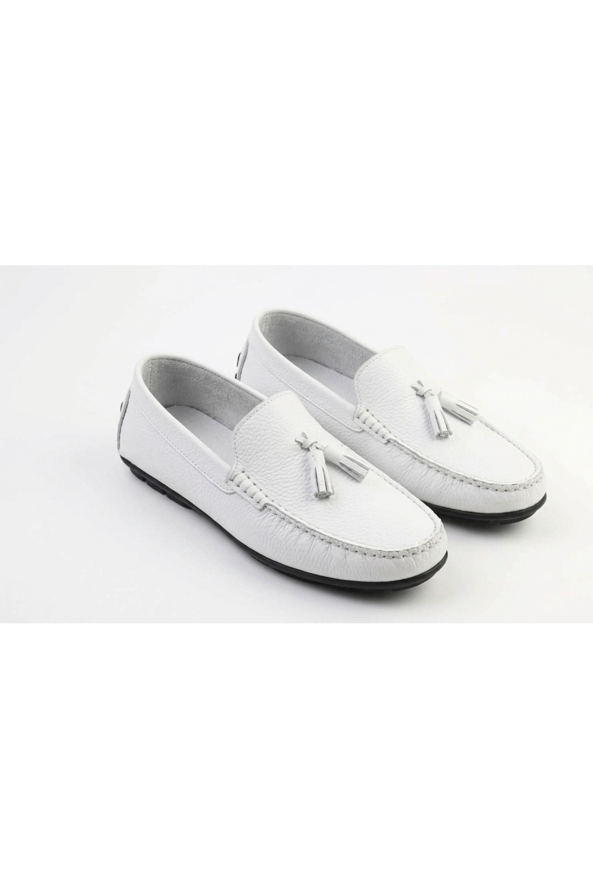 Growish GR0312 Hakiki Deri Saraçlı Rok Model Erkek Ponponlu Beyaz Renk Spor Klasik Loafer Babet Ayakkabı görsel 3