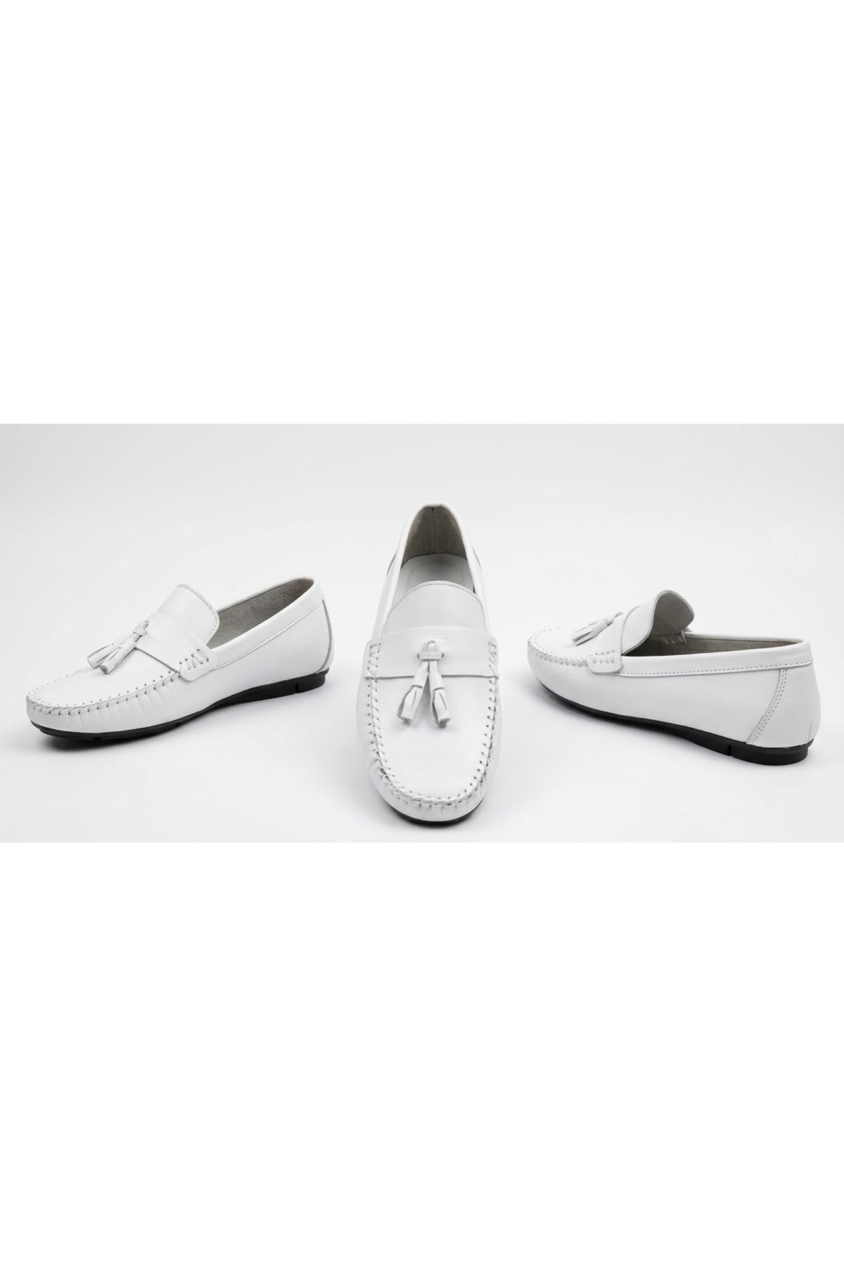 Growish GR0312 Hakiki Deri Saraçlı Rok Model Erkek Ponponlu Beyaz Renk Spor Klasik Loafer Babet Ayakkabı görsel 7
