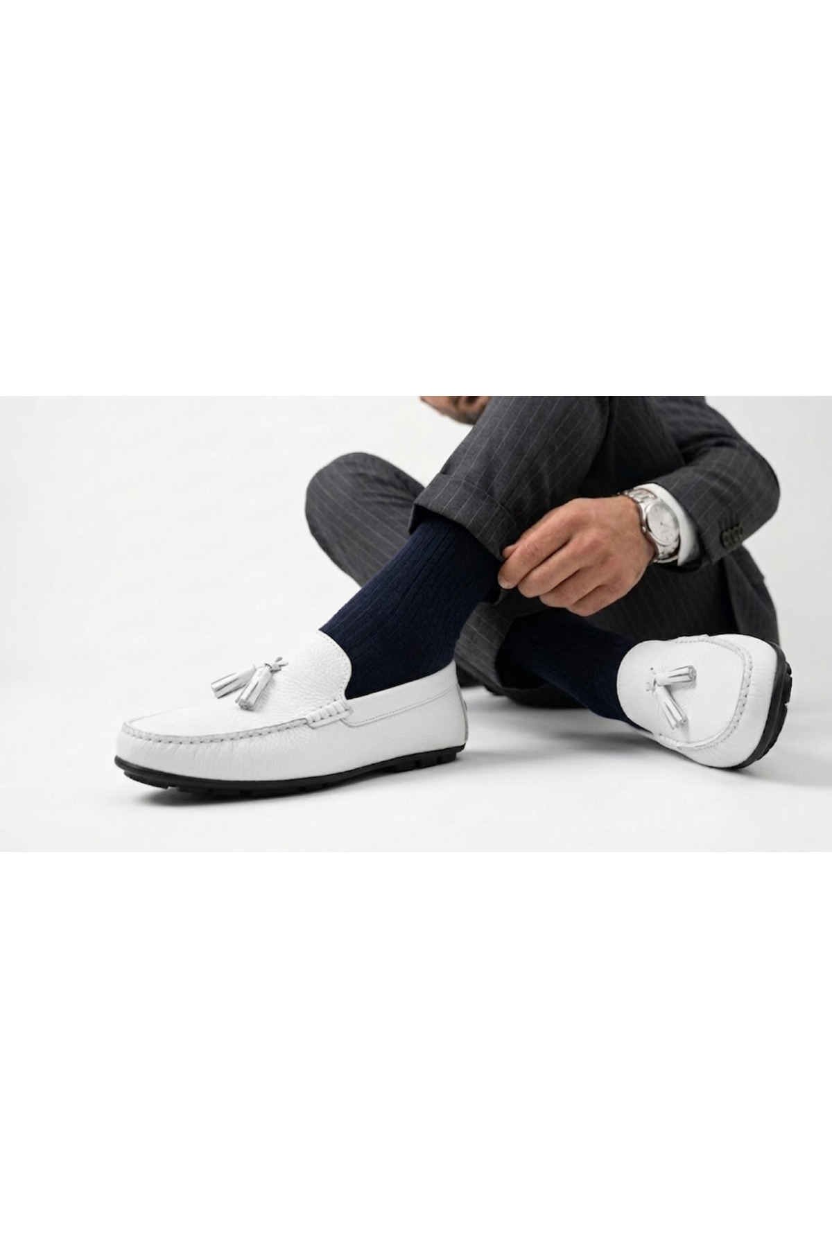 Growish GR0312 Hakiki Deri Saraçlı Rok Model Erkek Ponponlu Beyaz Renk Spor Klasik Loafer Babet Ayakkabı görsel 6