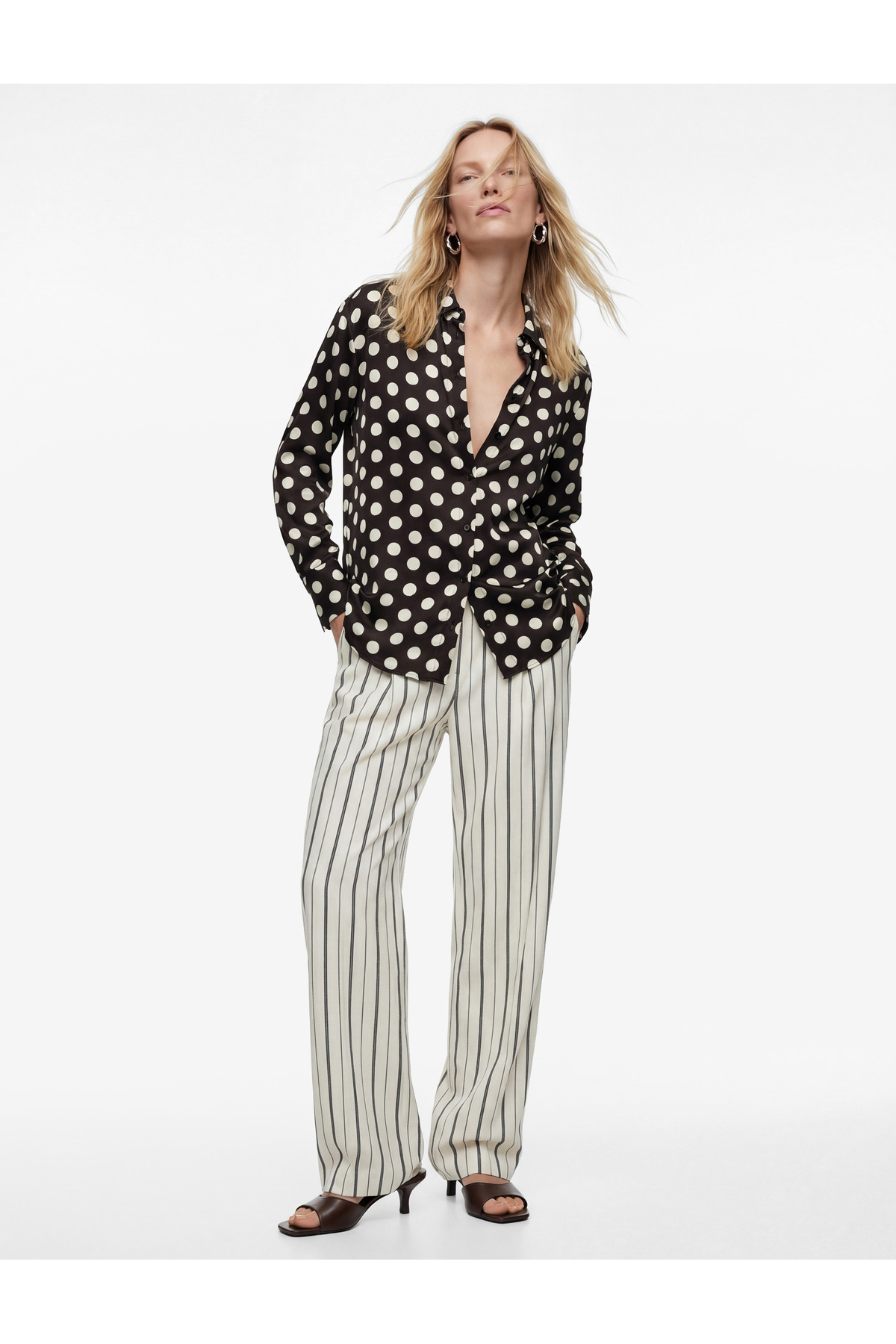 Koton Long Sleeve Classic Collar Buttoned Viscose Polka Dot Satin Shirt