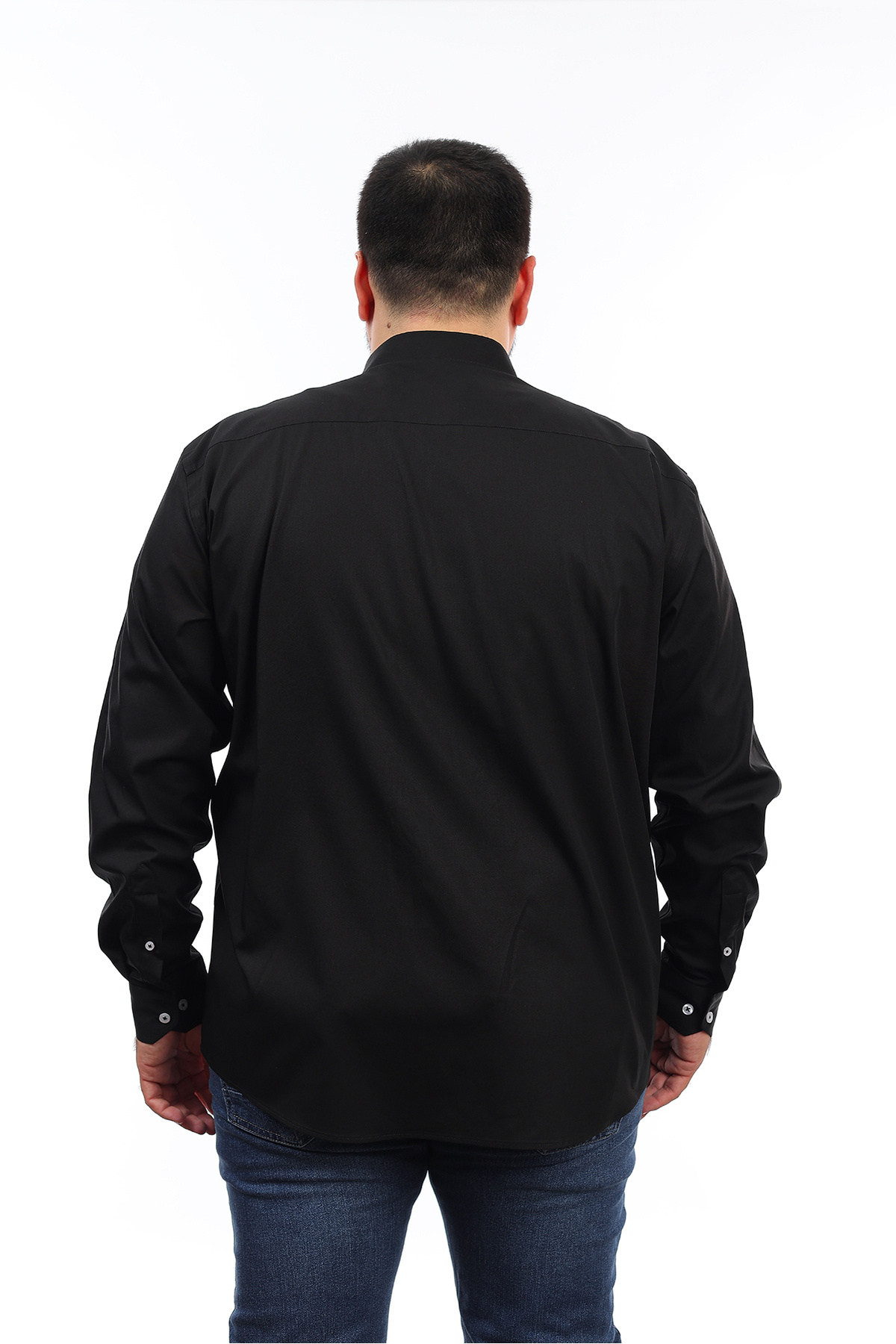 TOUSUS Erkek Büyük Beden Siyah Pamuk Düğmeli Yaka Cepli Uzun Kol Gömlek görsel 3