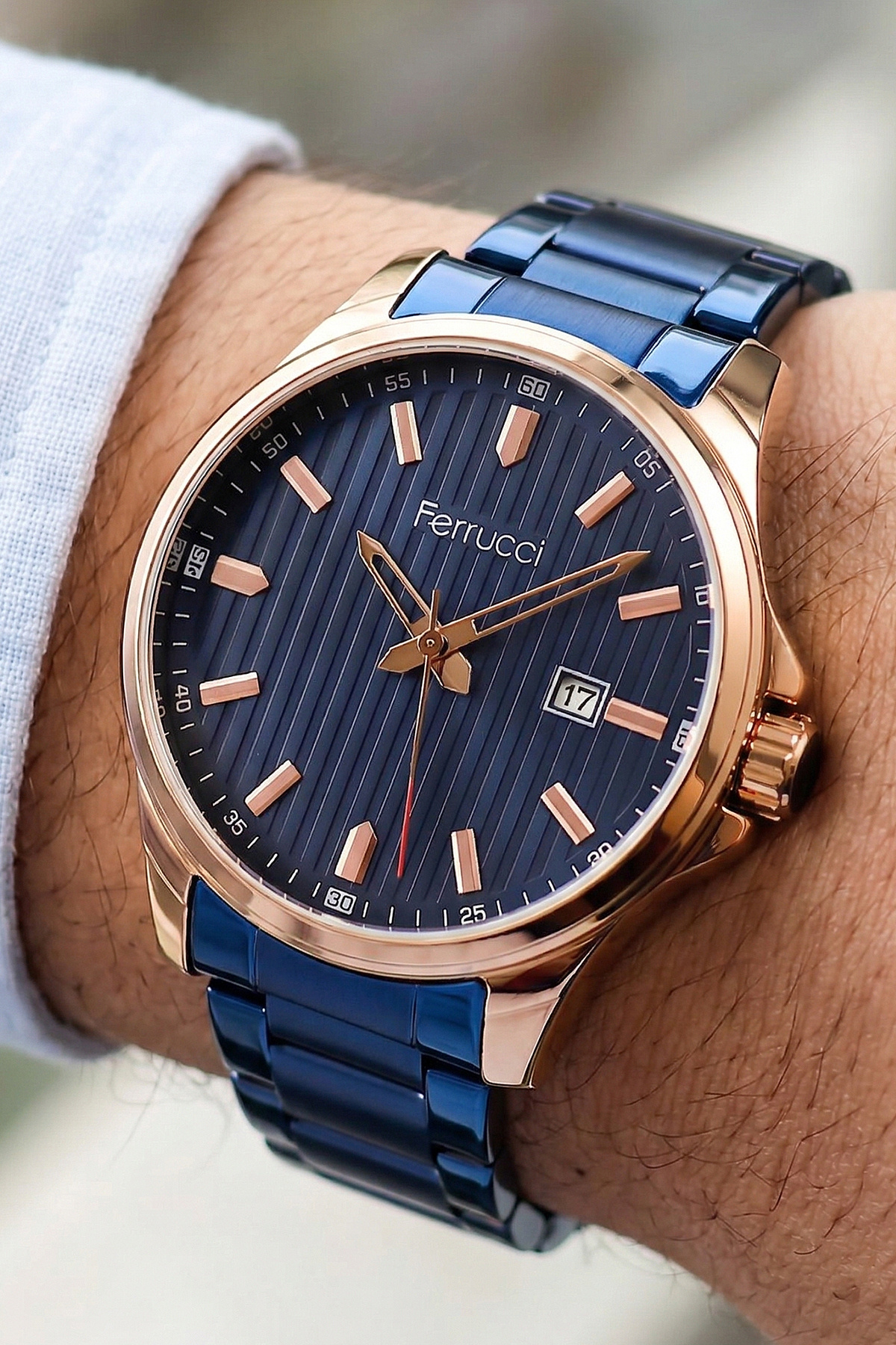 Ferrucci Orijinal Lacivert Rose Gold Bakır Takvimli Erkek Kol
