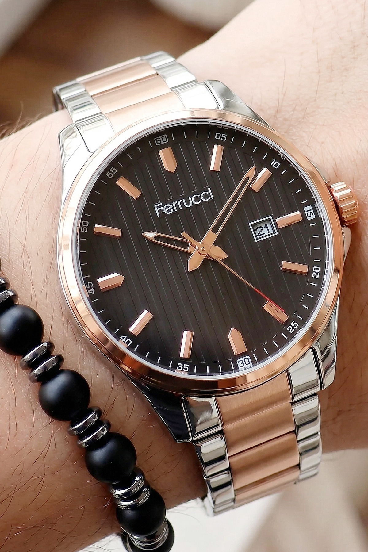 Rose Copper White Black Dial Men's Metallic Steel Calendar Wrist Watch with Bracelet Gift 178038