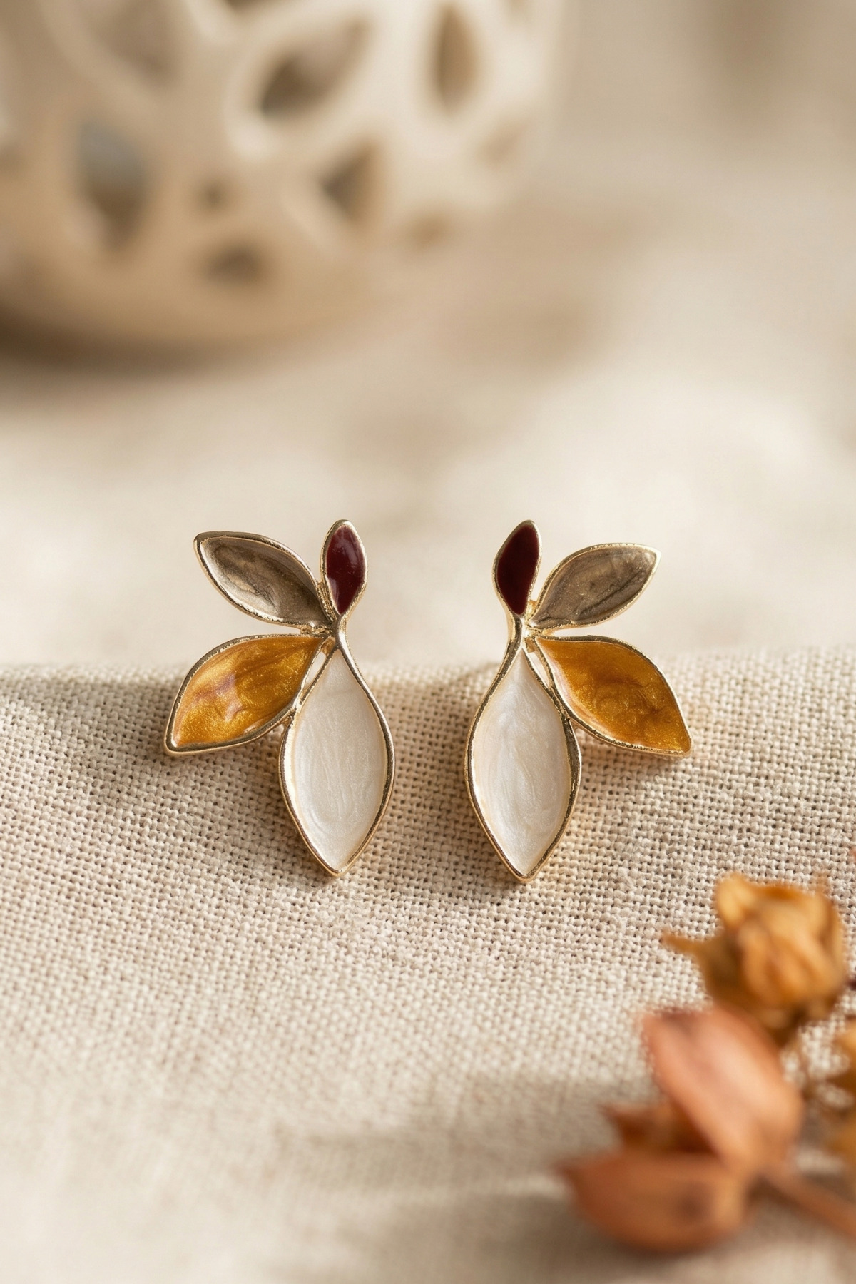 Pearl Colorful Lotus Flower Model Gold Earrings