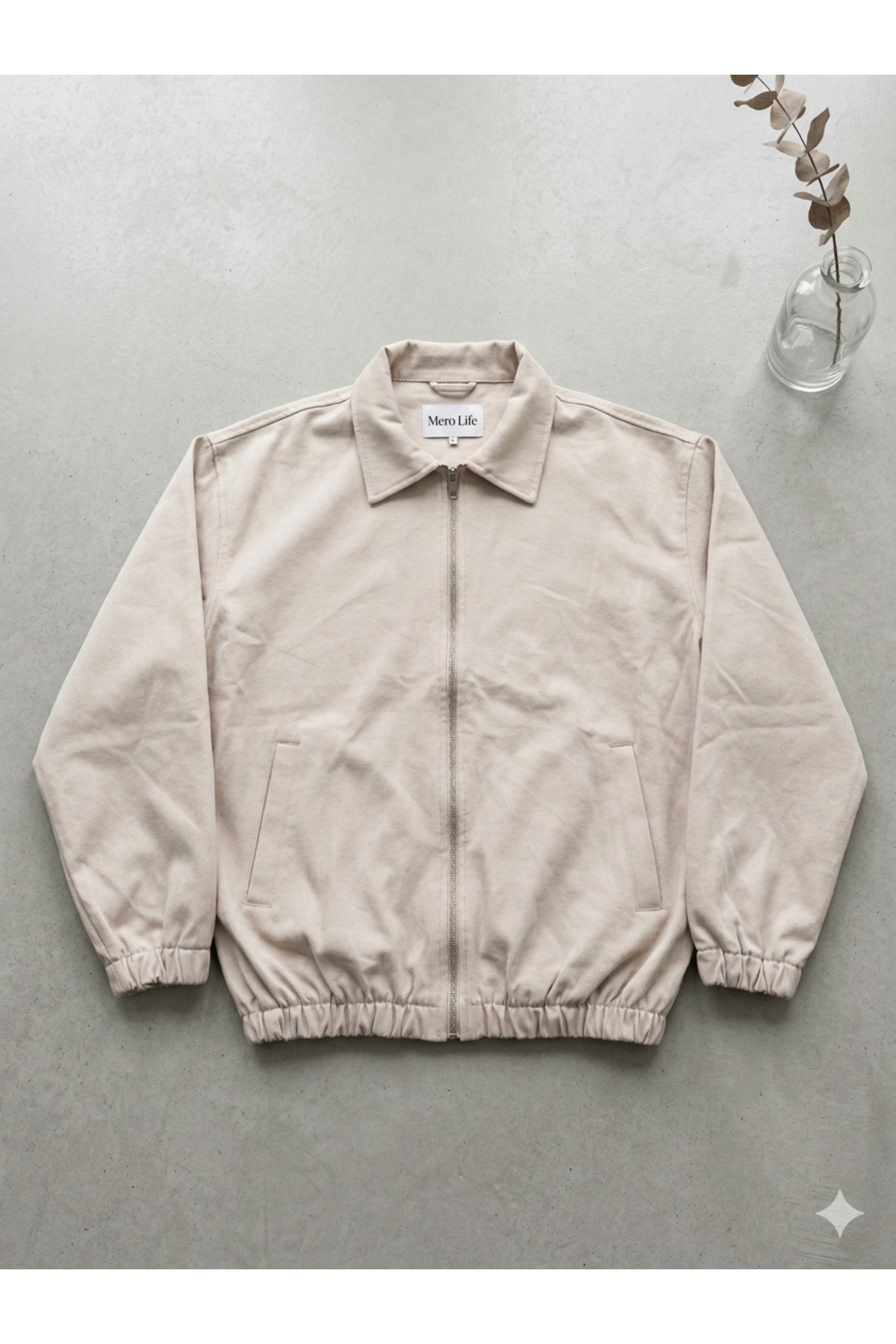 Men's Basic Old Money Zippered Oversize Seasonal Polo Neck Gabardine Fabric Cream Jacket