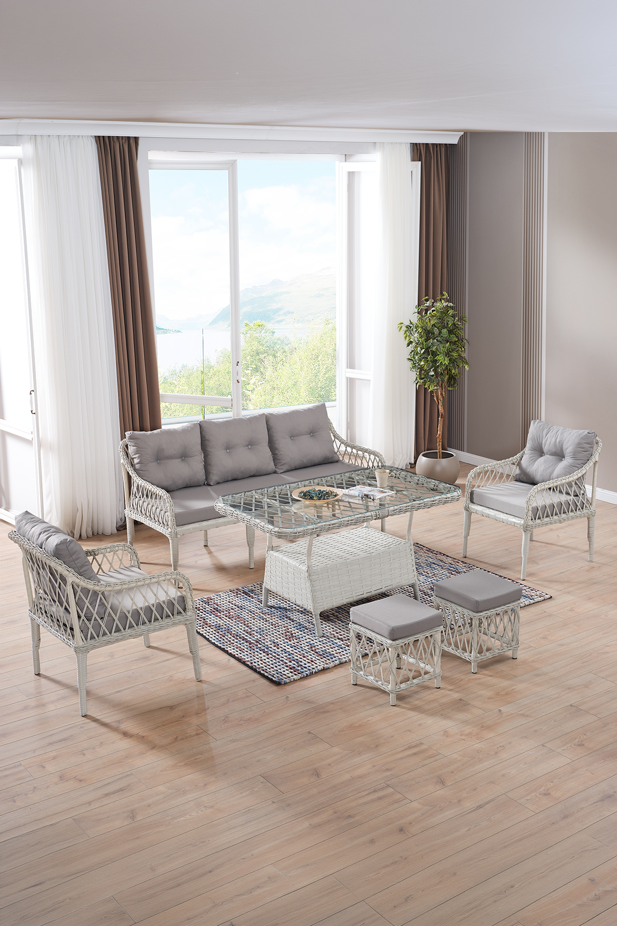 Joy Rattan Puffy Garden Balcony Set 3+1+1+ Glass Table Bone Color