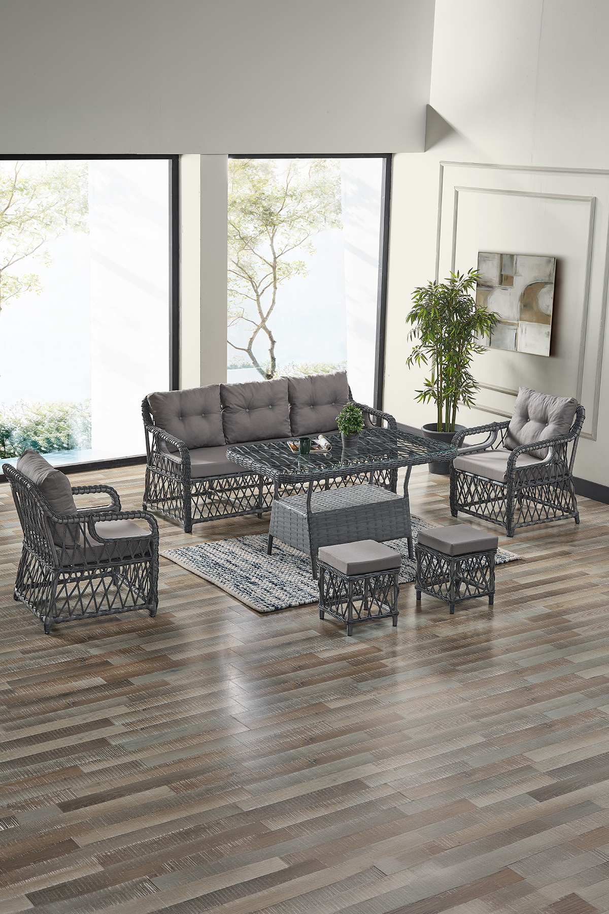 Edra Rattan Puffy Garden Balcony Set 3+1+1+Glass Table Grey
