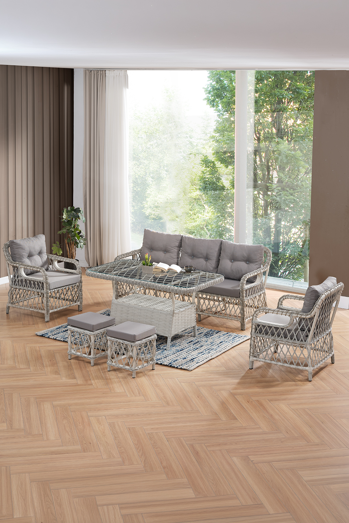 Edra Rattan Puffy Garden Balcony Set 3+1+1+Glass Table Bone Color