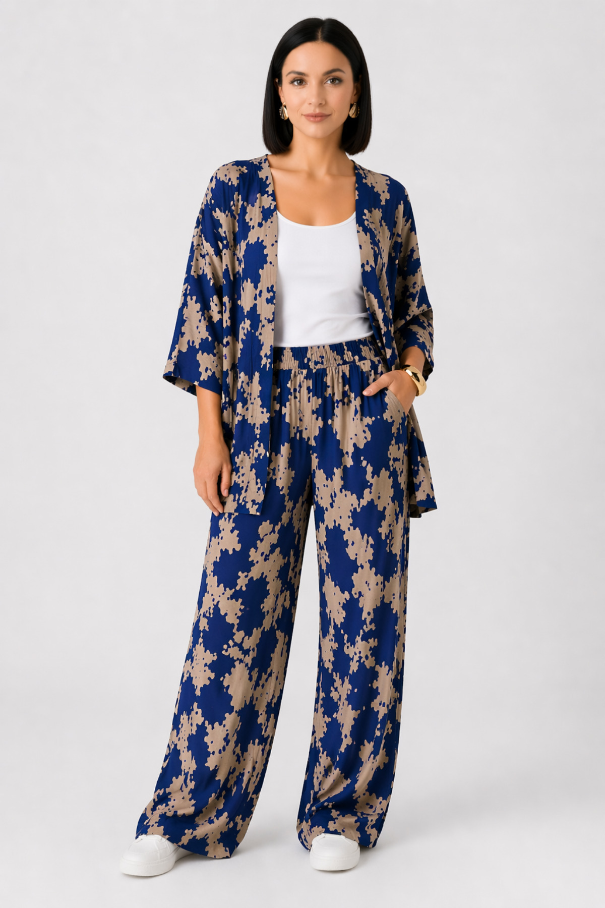 trendalisse Blaues gemustertes Palazzo-Kimono-Set für Damen mit weitem Bein