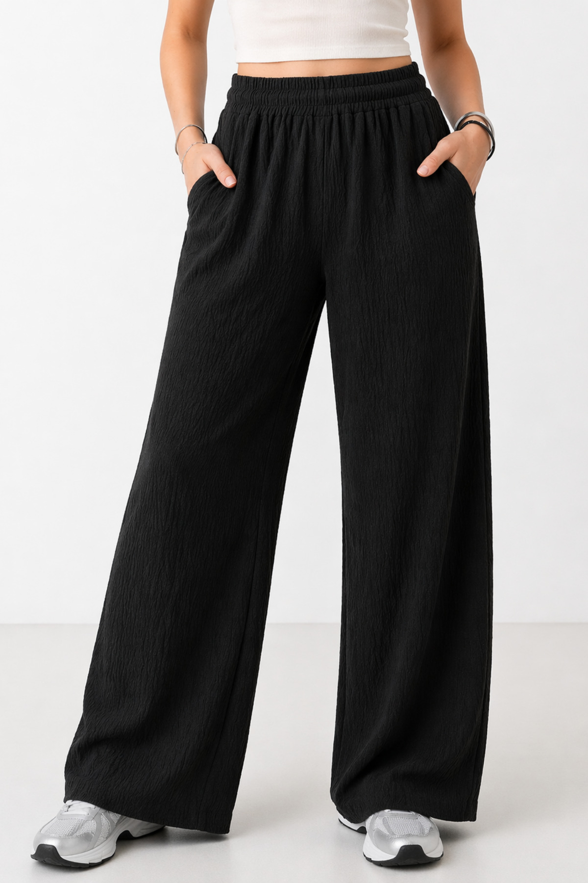 trendalisse Ženske crne pantalone sa elastičnim strukom Sa džepovima Široke n...