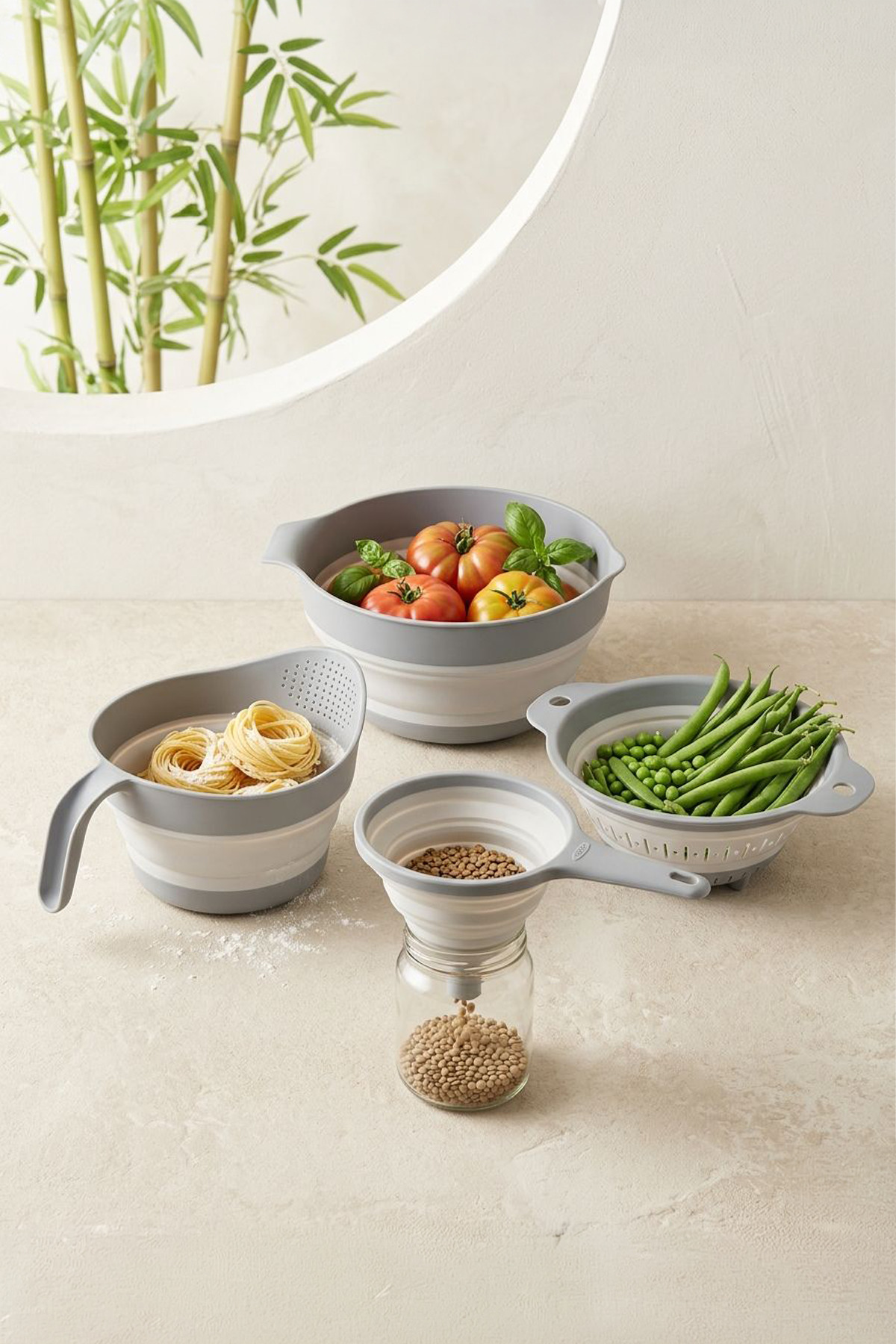 4-Piece Accordion Folding Strainer Set - Kitchen Dowry Set (Rice Strainer Funnel Grey with Accordion Handle)