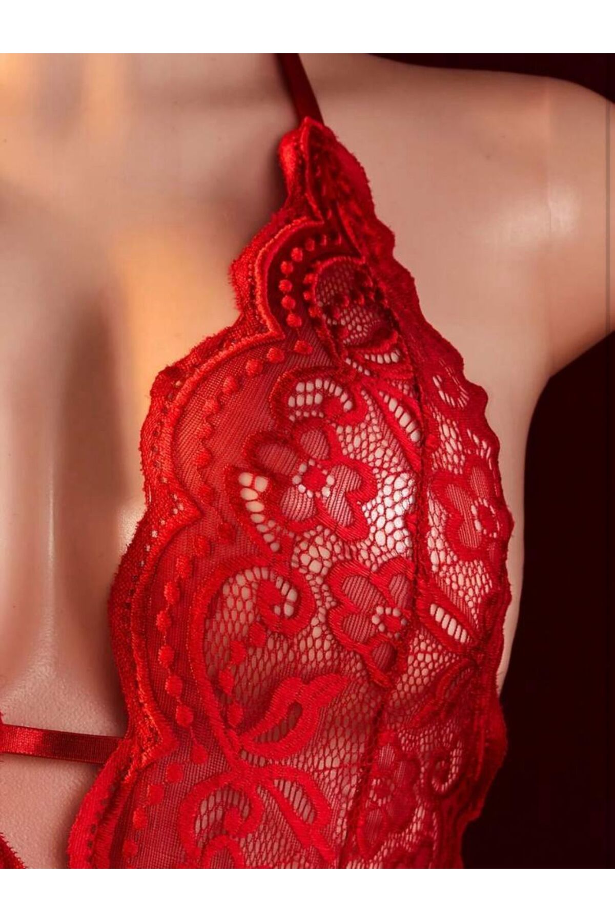 Blizard  Kadın Kırmızı Dantelli Tüllü Boyundan Bağlamalı Gecelik Takımı - Görsel 5