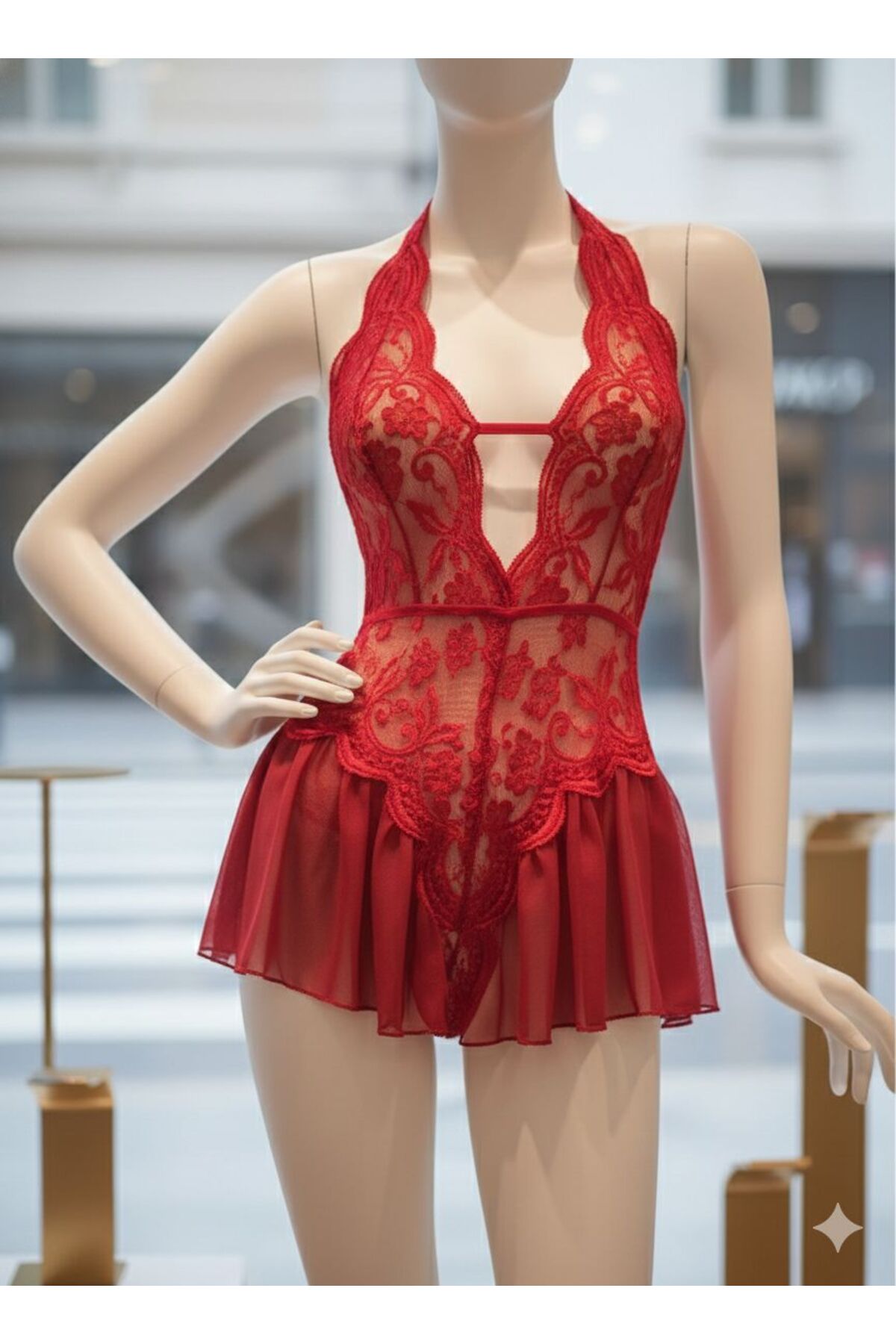 Blizard  Kadın Kırmızı Dantelli Tüllü Boyundan Bağlamalı Gecelik Takımı - Görsel 6