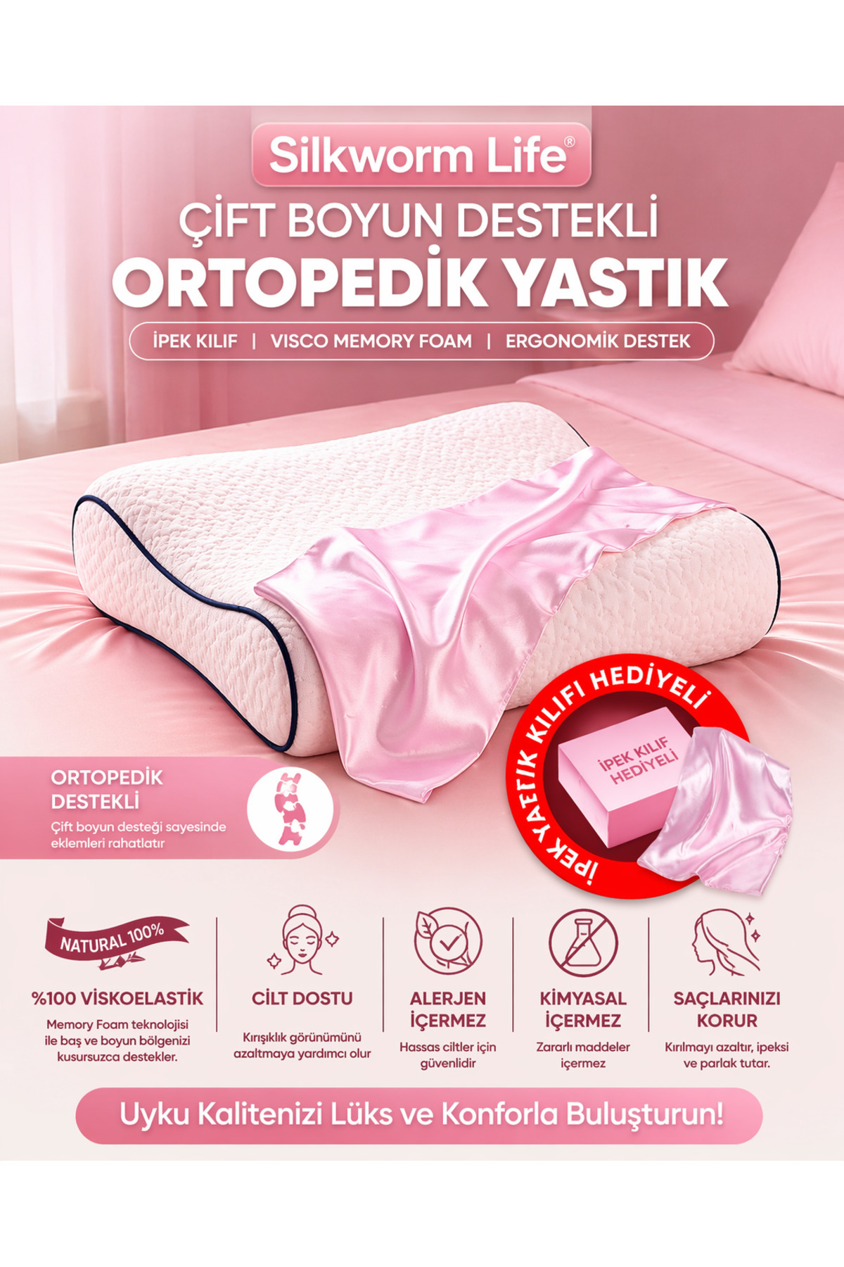 Orthopedic Visco Cushion with PINK 100% Silk Kilifi [ 40 X 60 X 14 Cm)