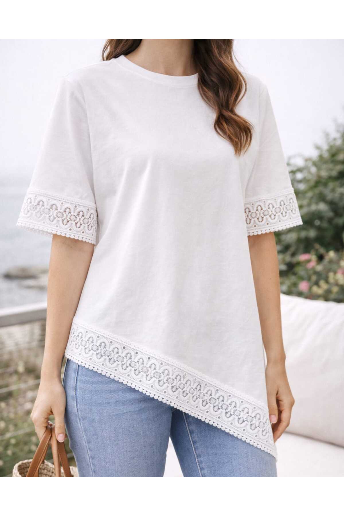 Benedetto  Yeni Sezon Kadın Bisiklet Yaka Modal Pamuk Dantel Detaylı Asimetrik Kesim Basic Kısa Kollu Tişört - Görsel 5