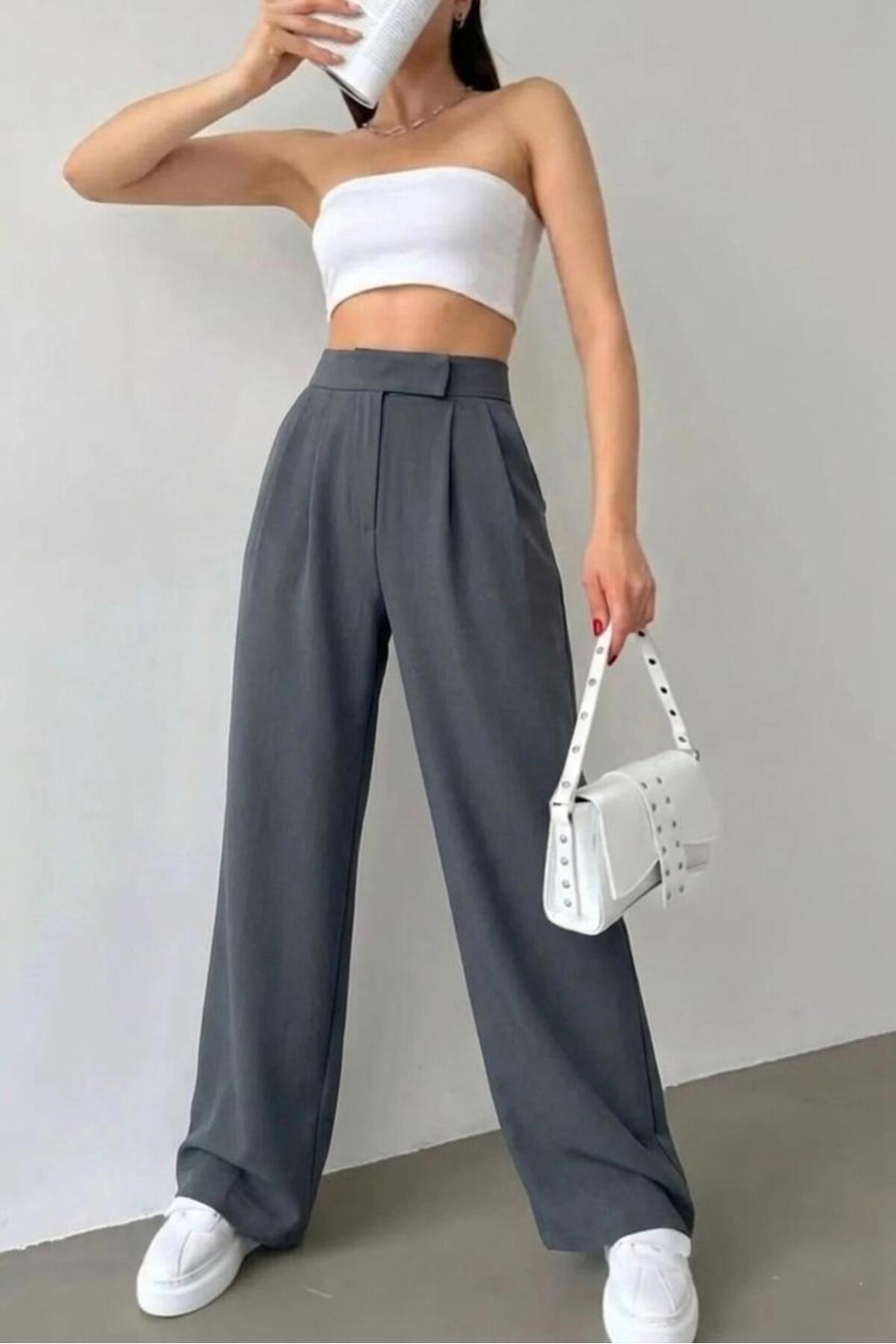 BILDEŞA  Kadın Yüksek Bel Beli Lastikli Cırtlı Palazzo Pantolon Ispanyol Bol Paça Kumaş Pantolon - Görsel 2