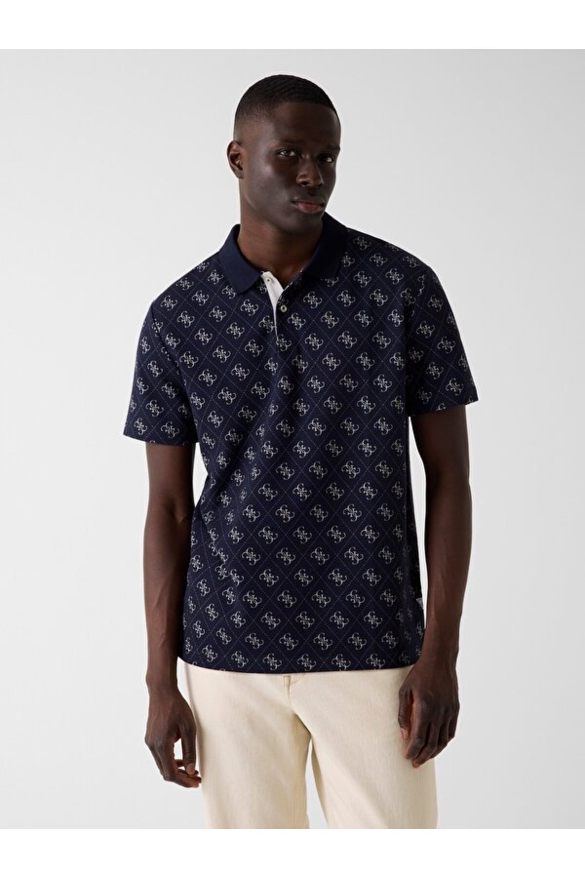 Men's Navy Blue Polo T-shirt with Short Sleeve All 4G Jacquard Polo Collar M6GP04K3073-FBDB