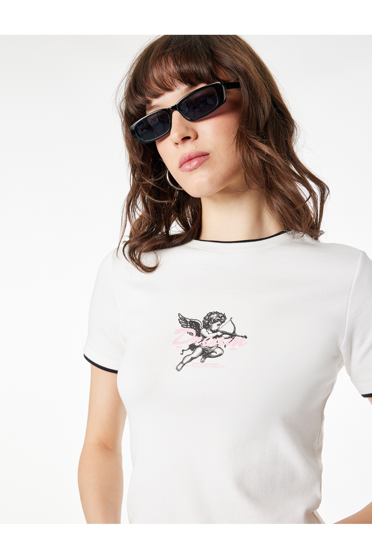 Koton Slim Fit Ribbed Short Sleeve Crew Neck Angel Print T-Shirt