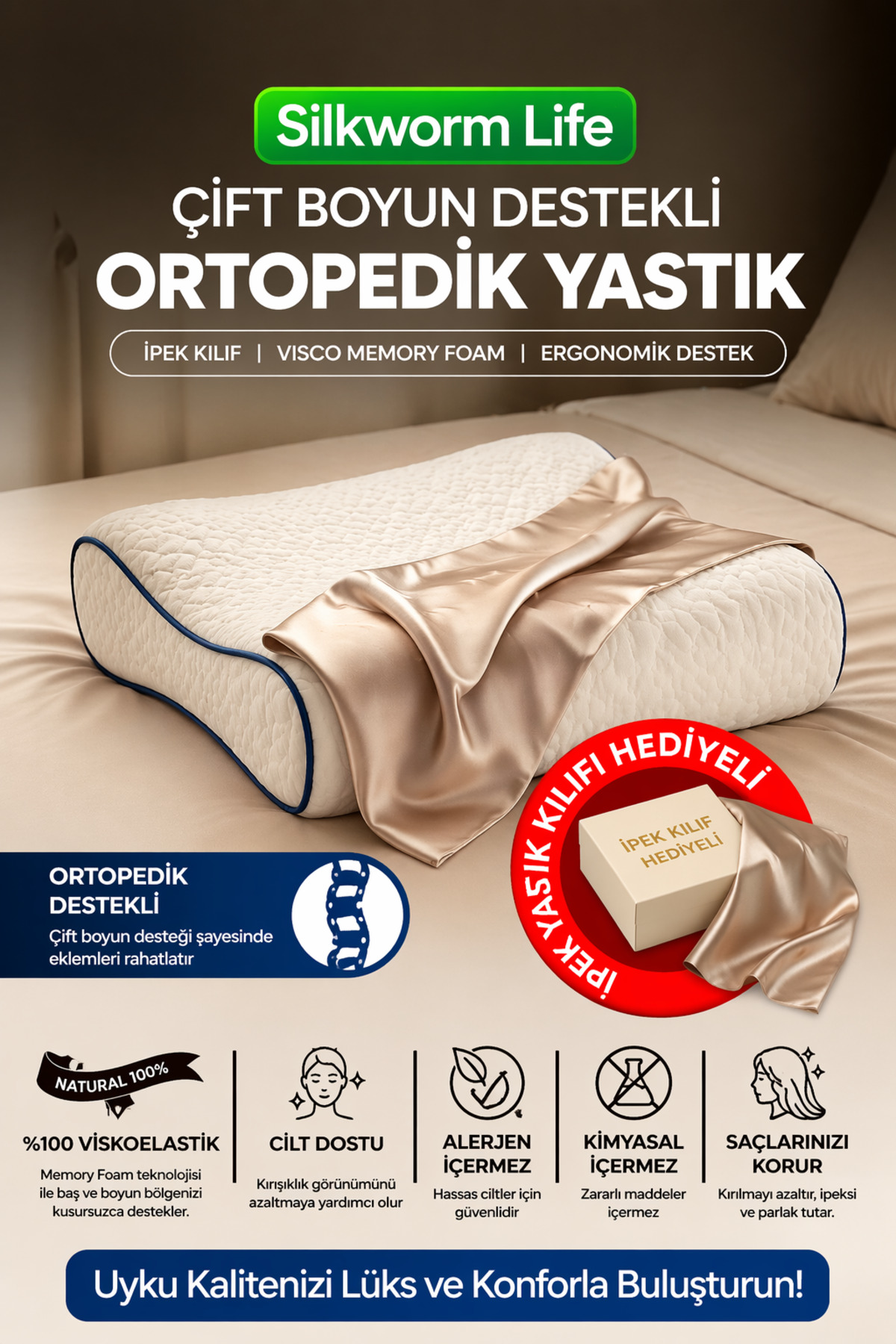 ORTHOPEDIC VİSCO PILLOW WITH BEIGE 100% SILK COVER [ 40 x 60 x 14 cm)