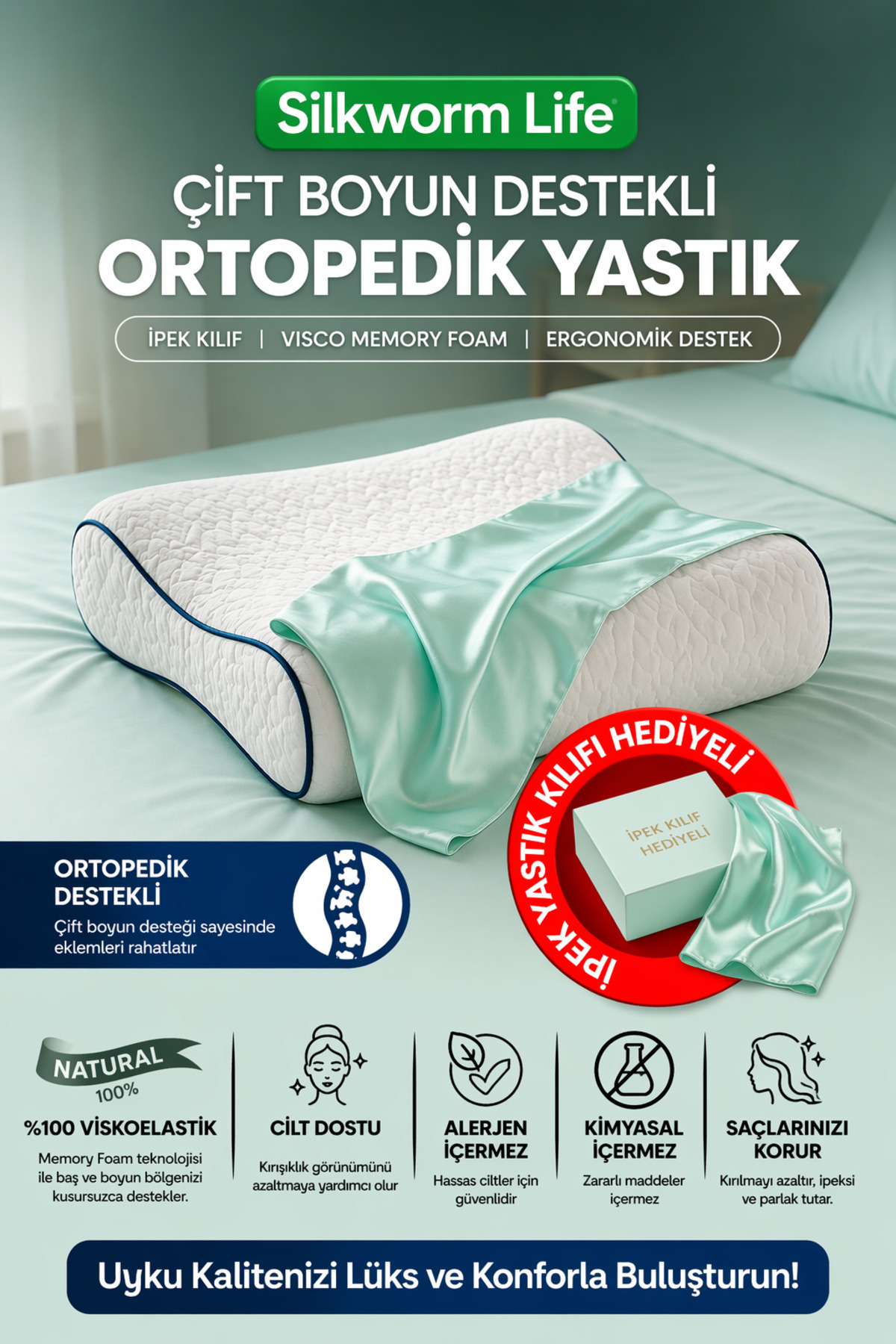ORTHOPEDIC VİSCO PILLOW WITH MINT COLORED 100% SILK SHEATH [ 40 x 60 x 14 cm)