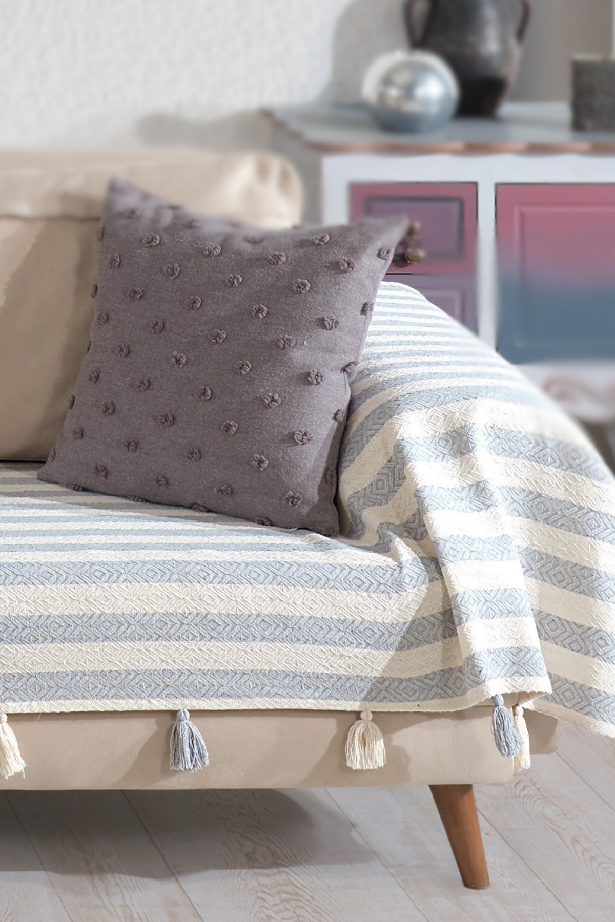 Pera Grey Tasseled Arm Seat Cover 300x110 Cm 3m Size Pompom Sofa Sofa Bed