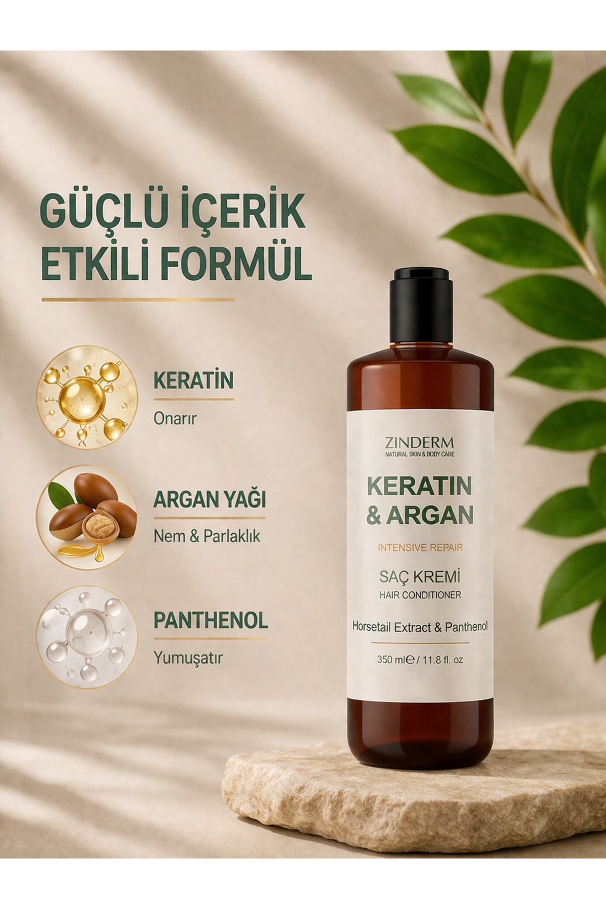 Elektriklenme Karşıtı & Kabarma Önleyici Keratin & Argan & At Kuyruğu Onarıcı Saç Bakım Kremi 350 ml — zindermhaircond — تصویر 5 از 5
