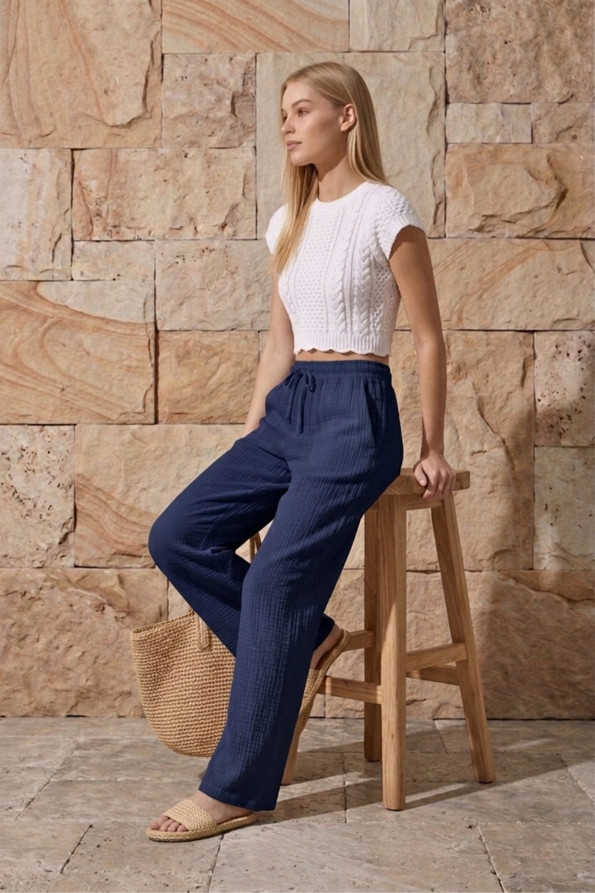 Navy Blue Muslin Palazzo Pants 100% Organic Cotton