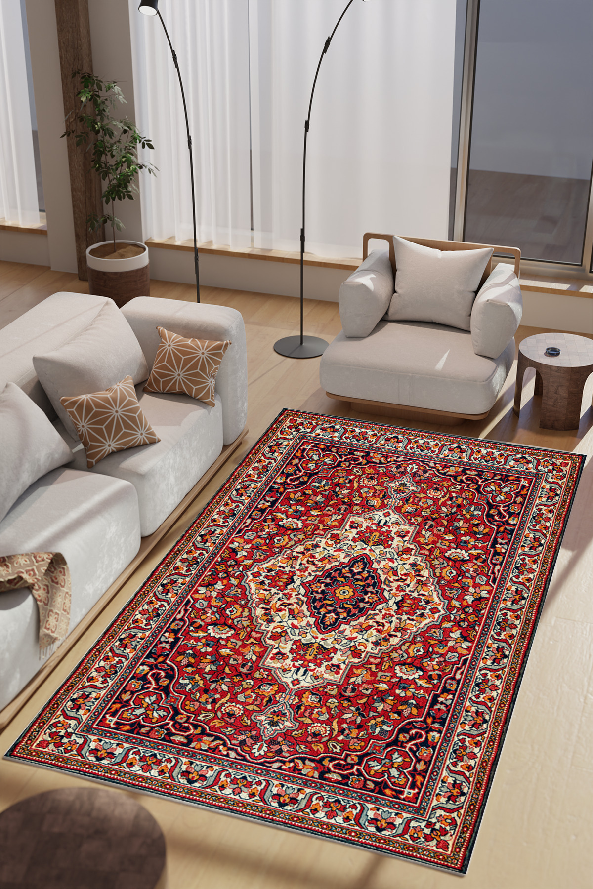 Red White Authentic Patterned Machine Washable Living Room Rug Bedroom Rug & Runner Models