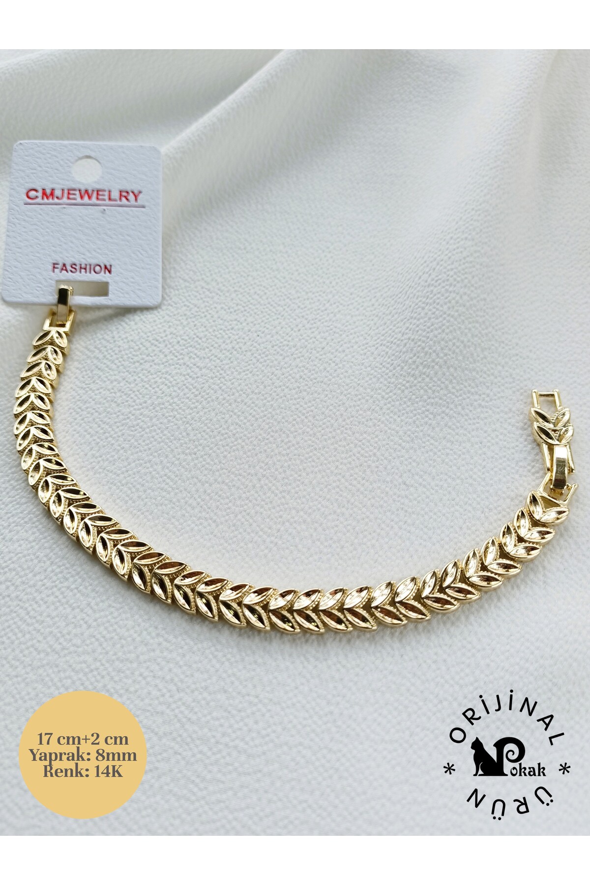 POKAK Kadın CM 14K Altın Kaplama Özel Seri Yaprak Model Kuyumcu Vip Bileklik 16,5+2 cm