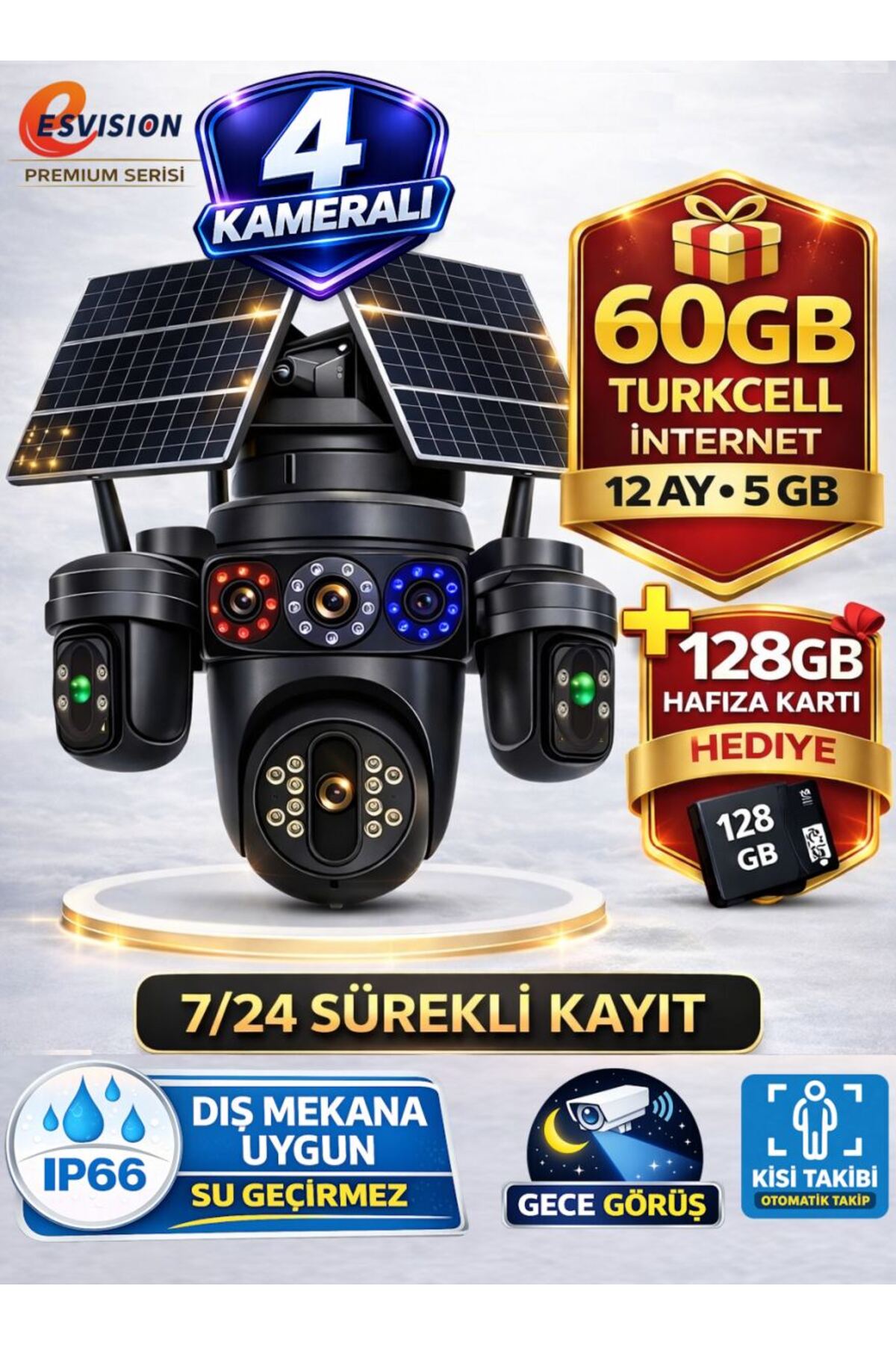 Esvision 7020 128GB 4 Lensli 4G Çift Solar Panel 16X Zoom AOV Gece