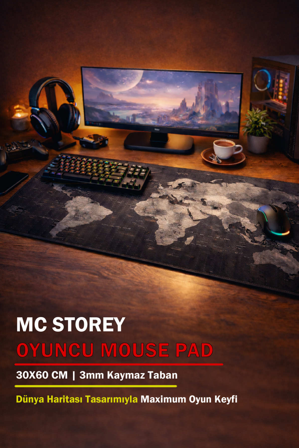 Gaming Mouse Pad 30x60 3mm Anti-Slip Mouse Pad World Map Visual