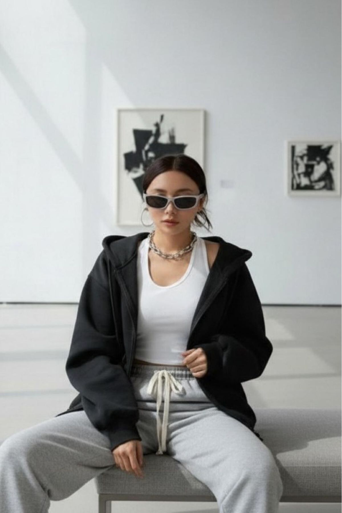 NO 601  Kadın Siyah Kalın Kışlık Kumaş Fermuarlı Kapşonlu Ceket