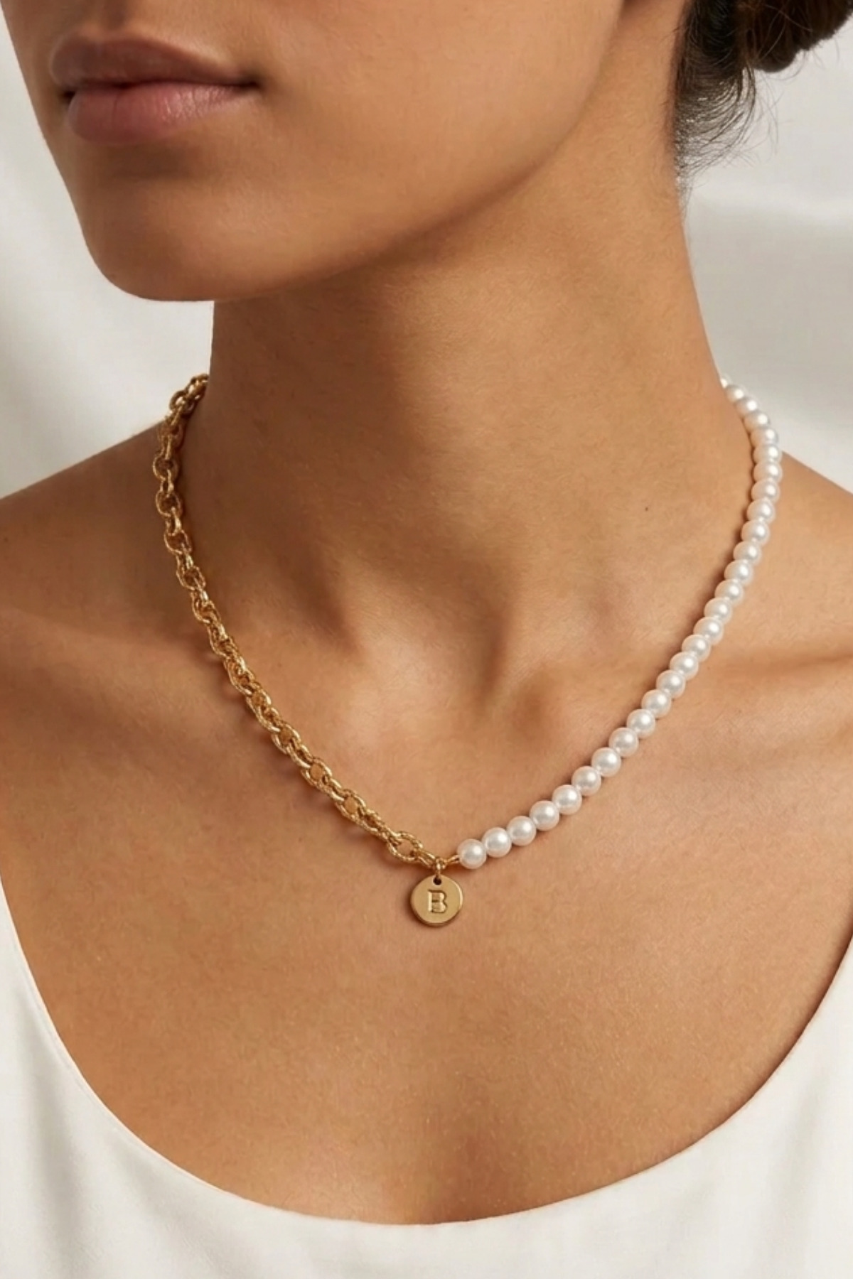 B Pearl Chain Letter Style Necklace