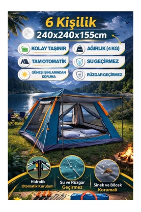 Magic Water 6 Kişilik Tam Otamatik Tenteli Kamp Çadırı Portatif Anti-uv Su Ge...