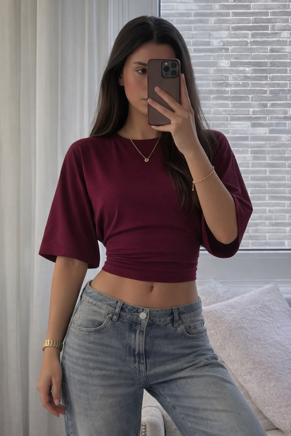 COMBİNE MİCHAİL  Kadın Vücuda Oturan Geniş Kol Bordo Bluz - Görsel 2