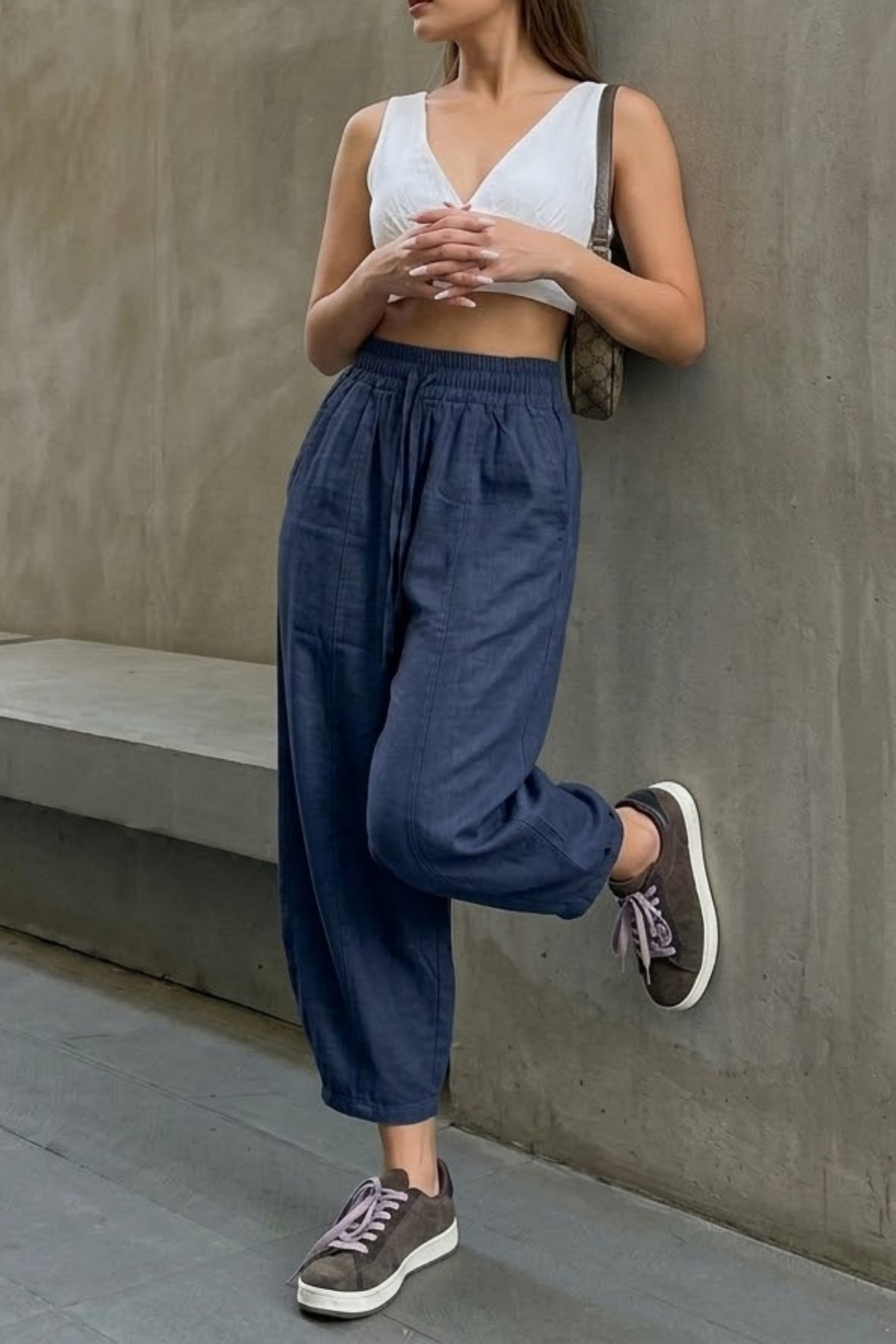 COMBİNE MİCHAİL  Kadın Beli Lastikli Lacivert Şalvar Pantolon - Görsel 4