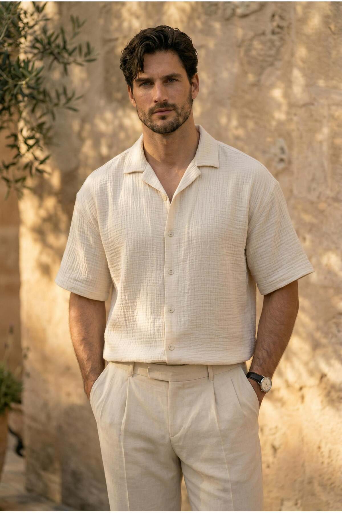 Half Oversized Apache Collar Short Sleeve Muslin Fabric Men's Shirt - Beige