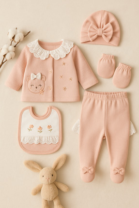 moukou %100 Pamuk Dantel Yakalı 5 Parça Kutulu Bebek Doğum Hediyesi Hastane Ç...