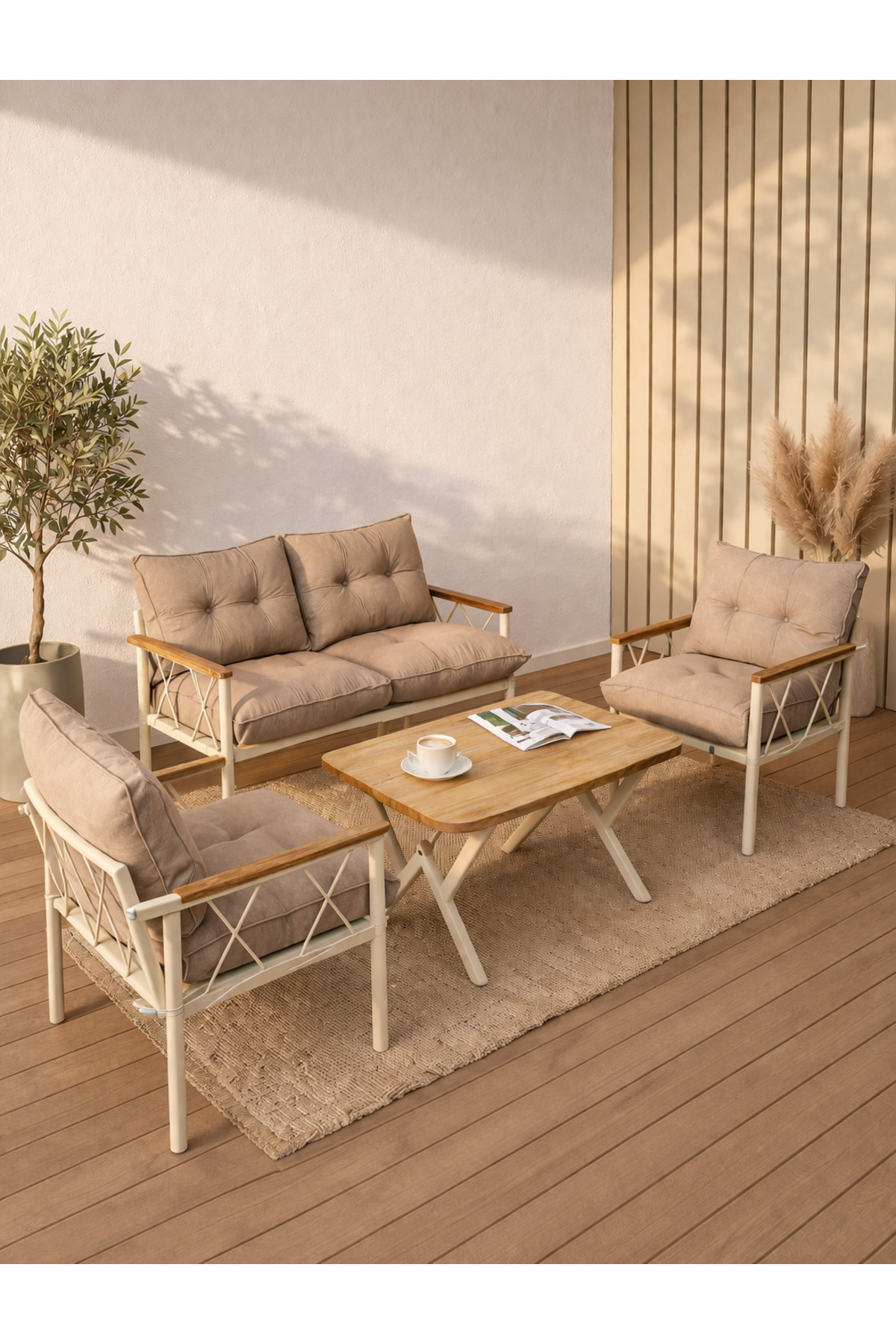 Miray Cream 211 Table Brown Zipper Buttoned Garden Seating Group Balcony Seating Set Living Room Terrace
