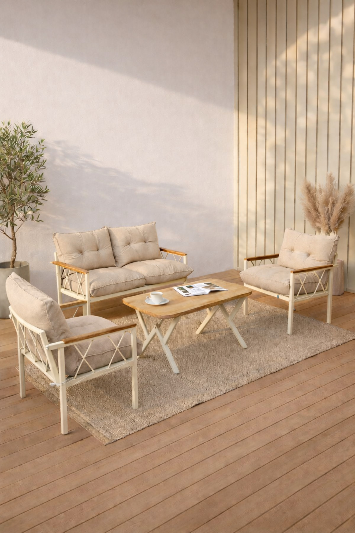 Miray Cream 211 Table Beige Zipper Buttoned Garden Seating Group Balcony Seating Set Living Room Terrace