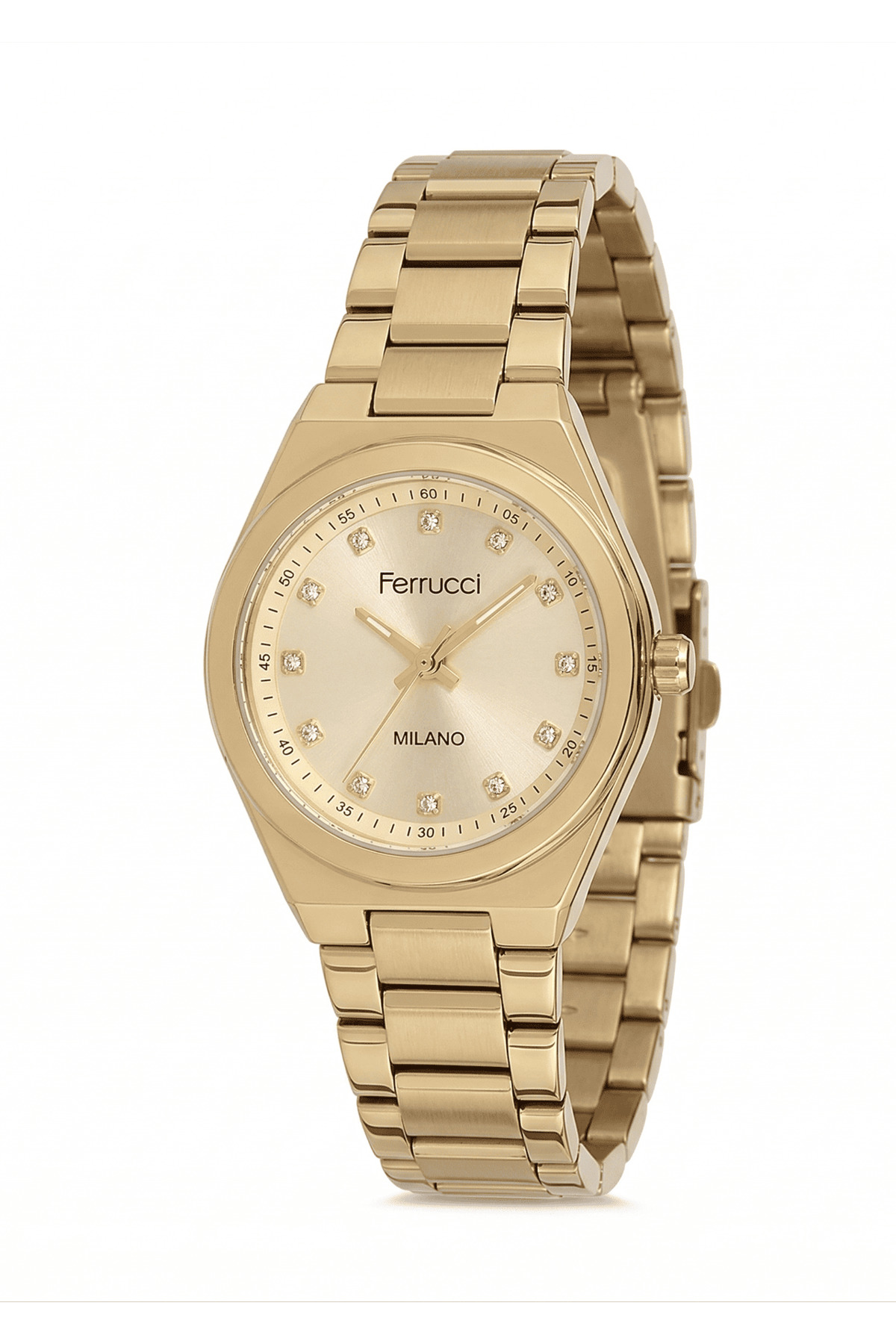 Ferrucci Milano Kadın Gold Metal Kordon Taşlı Yuvarlak Kadran Kol Saati, 2 Yıl Garantili görsel 2