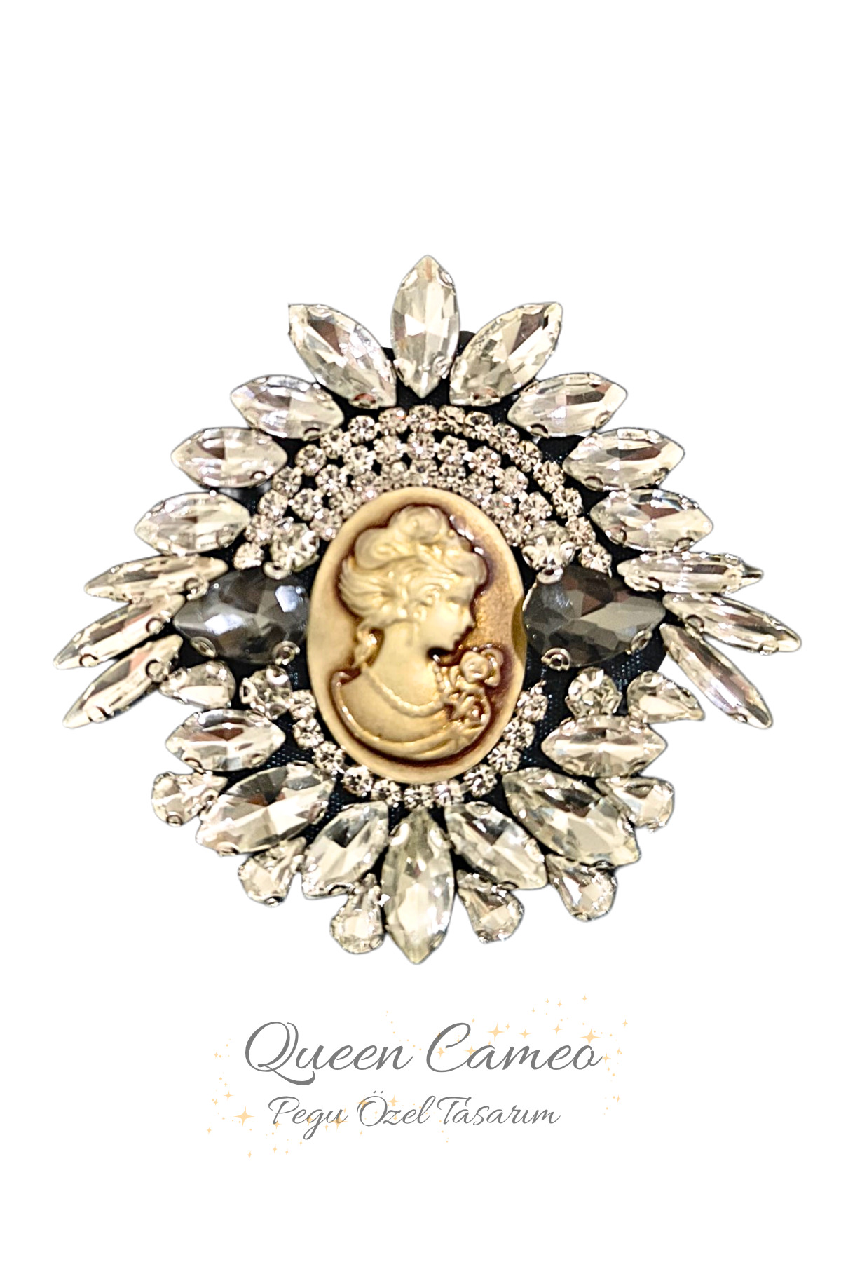 QUEEN CAMEO SPECIAL SERIES HANDMADE BROOCH WITH ANTHRACITE CRYSTAL GEMSTONE, NEEDLE ,SCHOOL,BAG SHIRT,JACKET