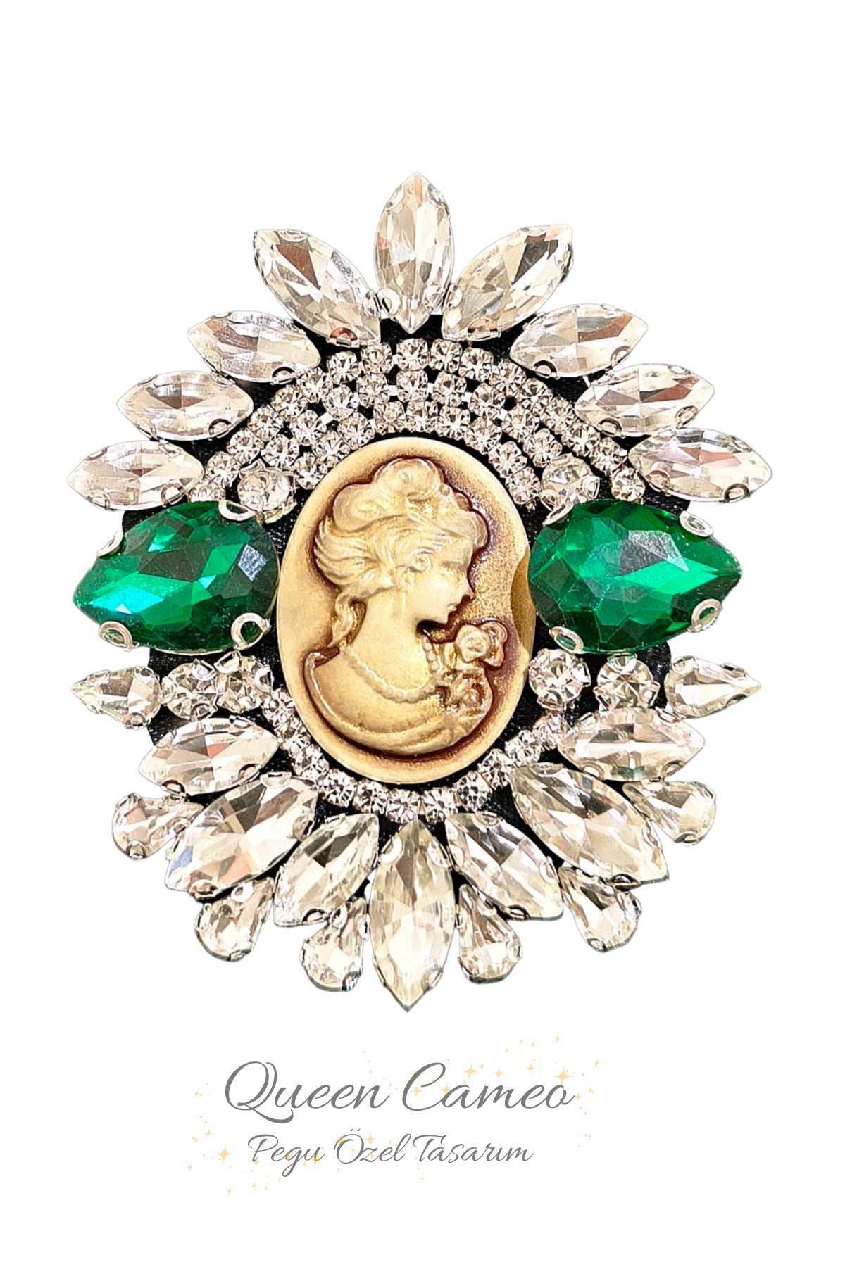 QUEEN CAMEO SPECIAL SERIES HANDMADE BROOCH WITH EMERALD CRYSTAL GEMSTONE, NEEDLE ,SCHOOL,BAG SHIRT,JACKET