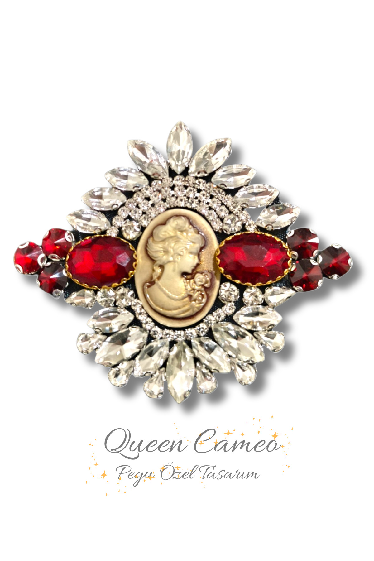 QUEEN CAMEO SPECIAL SERIES HANDMADE BROOCH WITH RED CRYSTAL GEMSTONE, NEEDLE ,SCHOOL,BAG SHIRT,JACKET