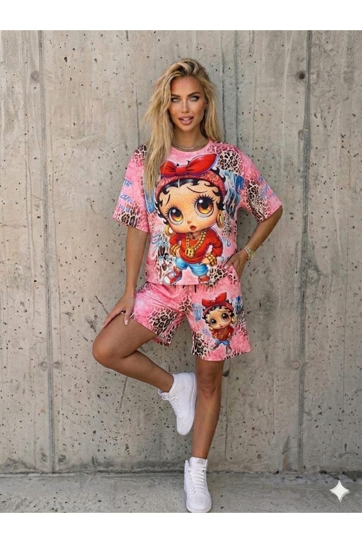 TREND DIGITAL STONE PRINT EMBROIDERY SEQUIN OVERSIZE SHORT SLEEVE SPORTS SUIT-DIGITAL STONE PRINT TRACKSUITSET