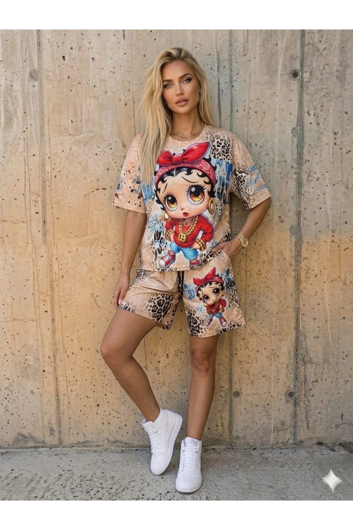 TREND DIGITAL STONE PRINT EMBROIDERY SEQUIN OVERSIZE SHORT SLEEVE SPORTS SUIT-DIGITAL STONE PRINT TRACKSUITSET