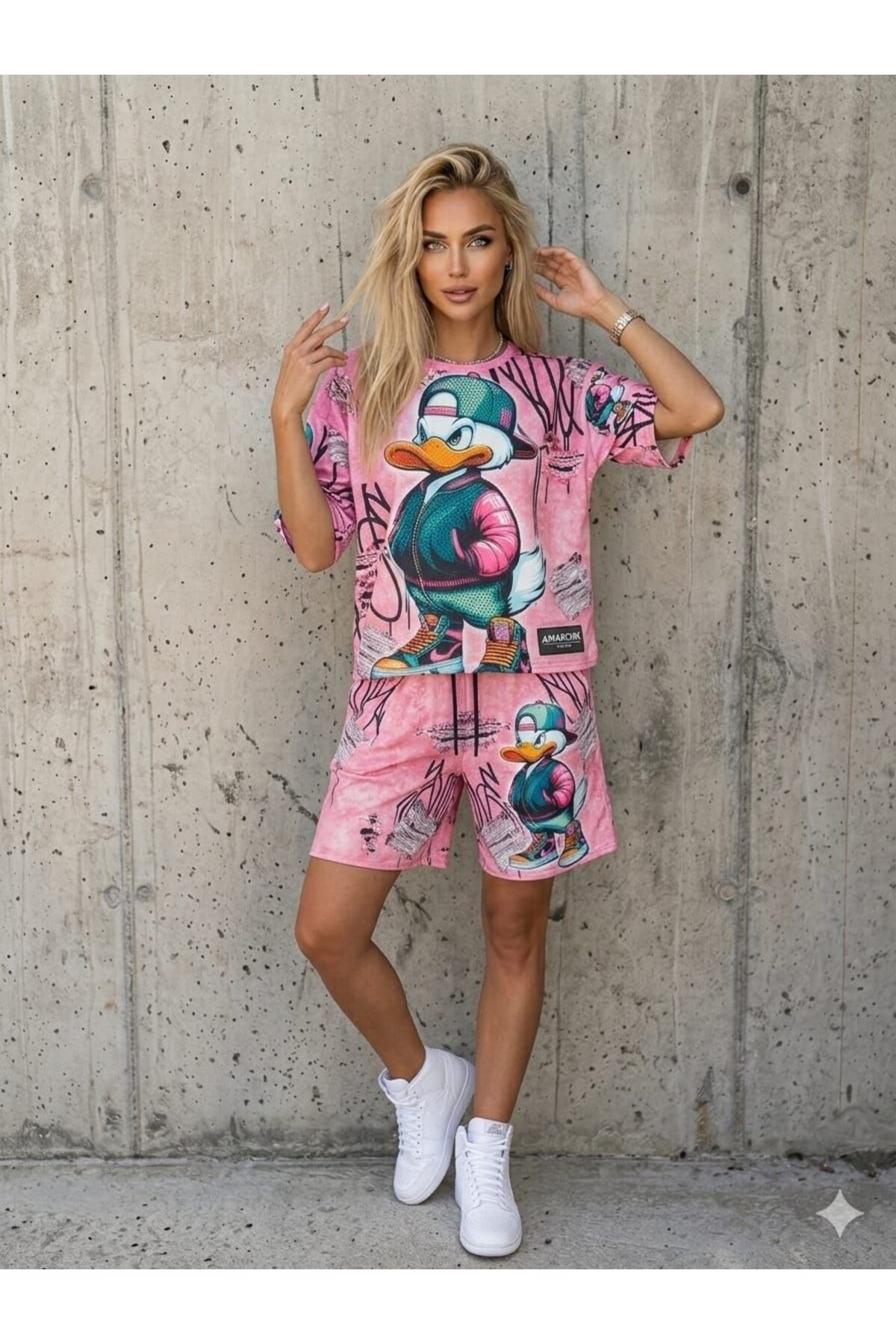 TREND DIGITAL STONE PRINT EMBROIDERY SEQUIN OVERSIZE SHORT SLEEVE SPORTS SUIT-DIGITAL STONE PRINT TRACKSUITSET