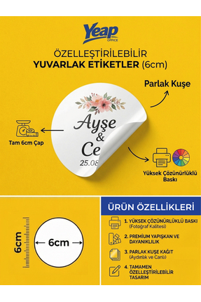 YEAP OFFICE 6 cm Yuvarlak Beyaz Etiket - Kişiye Özel Tasarım Parlak Kuşe - 30...