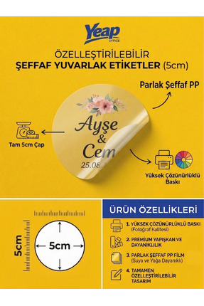 YEAP OFFICE Kişiye Özel İsimli Şeffaf Etiket – Düğün, Nişan, Mevlüt Nikah Şek...