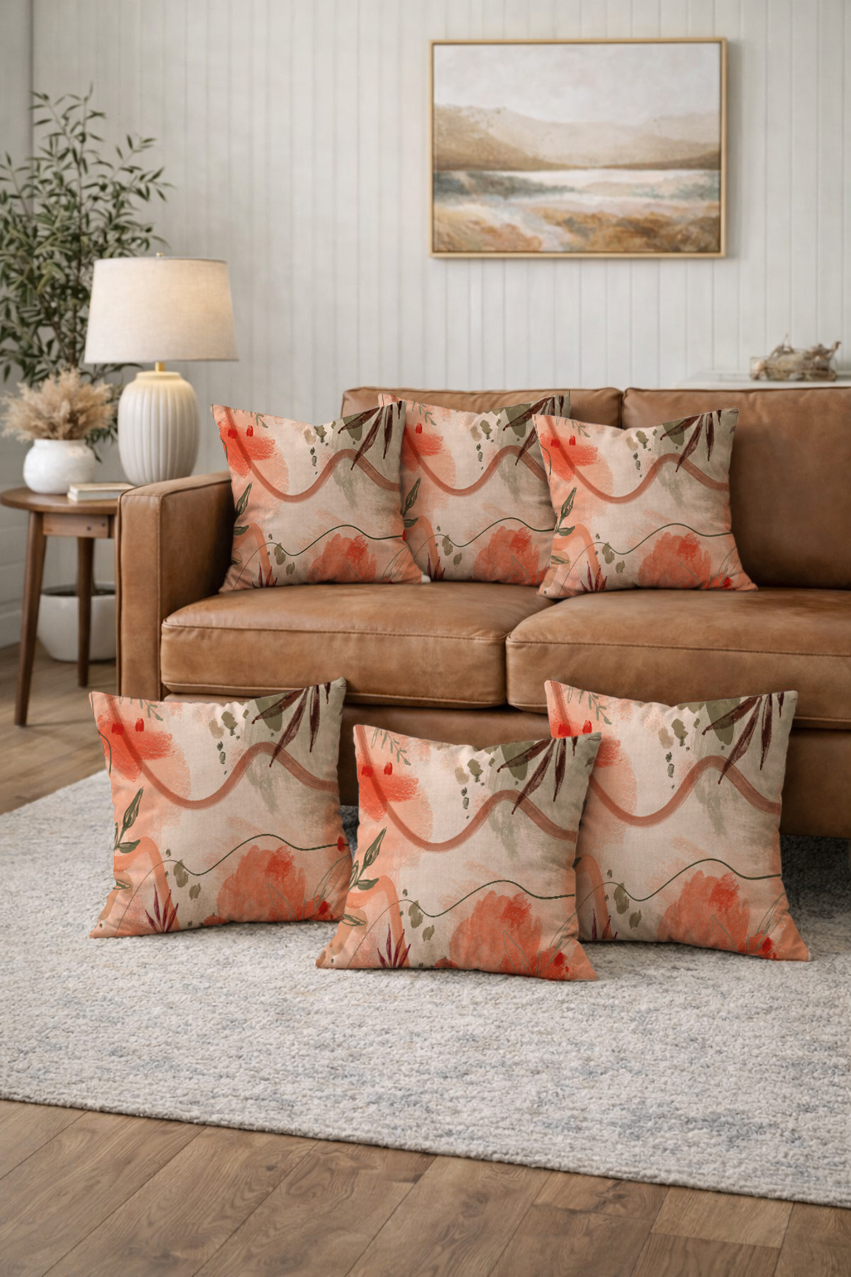 6-Piece Cushion Cover Set 43x43 cm Double Sided Tile Beige Green Abstract Pattern Modern